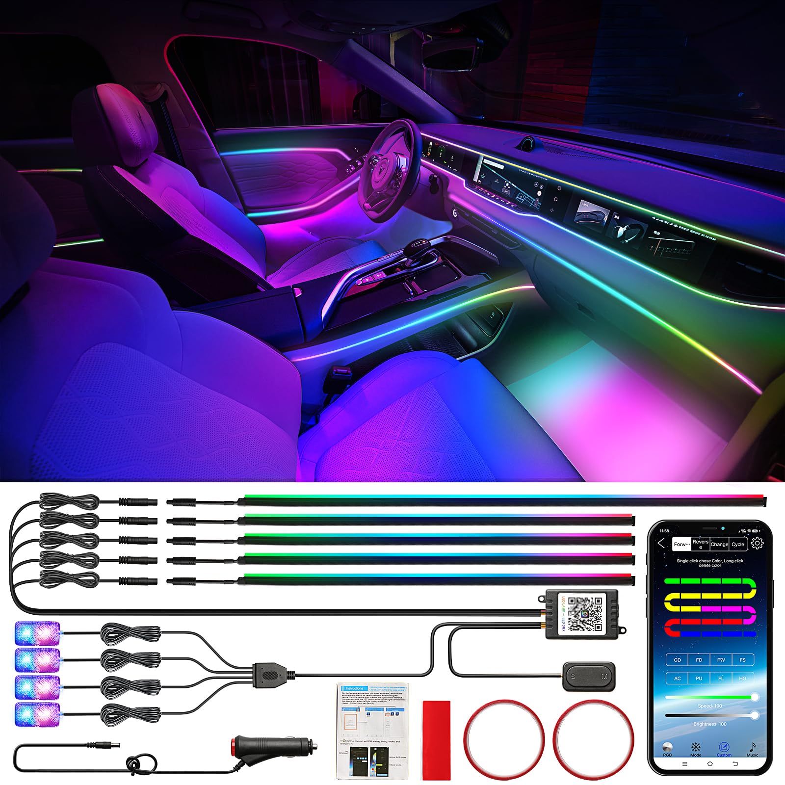 Defvnsy LED Auto Innenbeleuchtung, RGB Acryl Sympphonie Bausatz, 9 in 1 Bluetooth Umgebungslicht Streifen Licht mit Sprachaktiviert, 12V Deko Innenraum Auto Dynamische Atmosphäre Leuchten von Defvnsy