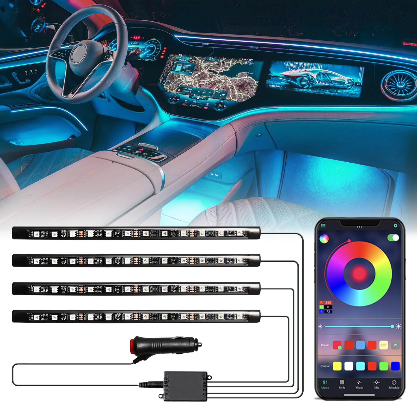 Defvnsy LED Innenbeleuchtung Auto, 22CM LED Strip Innenraumbeleuchtung Ambientebeleuchtung mit APP-Steuerung, RGB Auto Deko Lichter Neonleuchtleisten mit Zigarettenanzünder Port… von Defvnsy