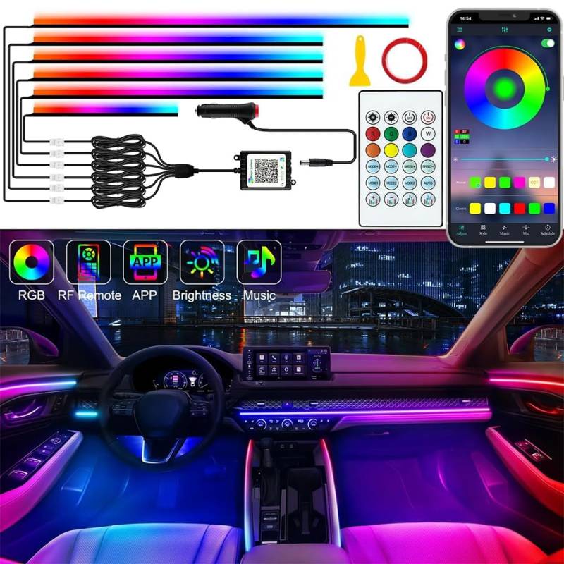 Defvnsy LED Innenbeleuchtung Auto, 6 in 1 RGB Acryl Innenraum LED-Streifen Licht Kit, 64 Farben Universelle Streamer Deko Innenraum Auto Dynamische Atmosphäre Neonlicht mit APP-Steuerung Fernsteuerung von Defvnsy