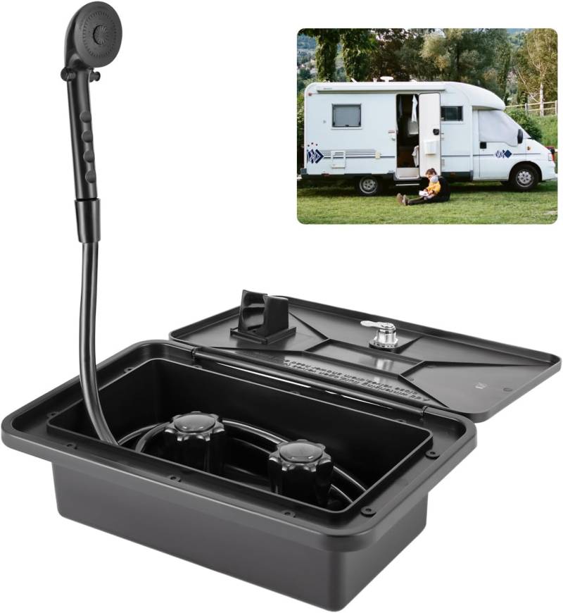 RV Außendusche Box Kit,Außendusche Wohnmobil mit Heiß/Kalt Schalter, Duschkopf, Schlauch, Outdoor Dusche Box Kit für Boot RV Caravan Wohnmobil (Schwarz) von Dekltus