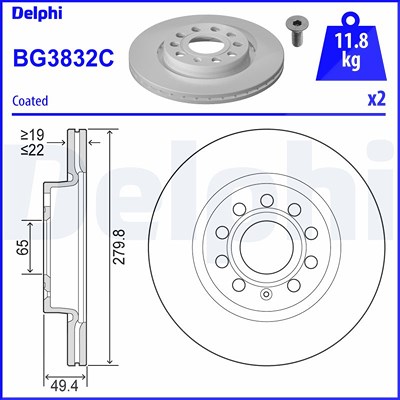 Delphi Bremsscheibe [Hersteller-Nr. BG3832C] für Audi, Seat, Skoda, VW von Delphi