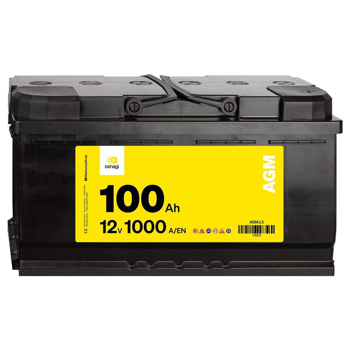 Denagi AGM Autobatterie 12V 100Ah 1000A/EN Starterbatterie, Start-Stopp & Standheizung geeignet, absolut wartungsfrei von Denagi