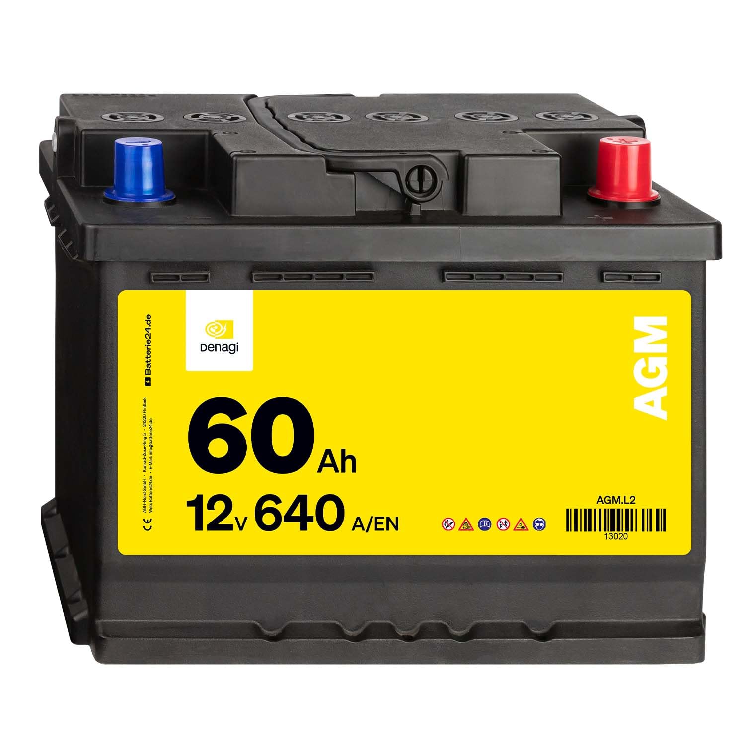 Denagi AGM Autobatterie 12V 60Ah 640A/EN Starterbatterie, Start-Stopp & Standheizung geeignet, absolut wartungsfrei von Denagi