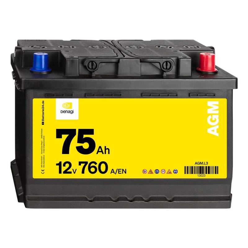 Denagi AGM Autobatterie 12V 75Ah 760A/EN Starterbatterie, Start-Stopp & Standheizung geeignet, absolut wartungsfrei von Denagi