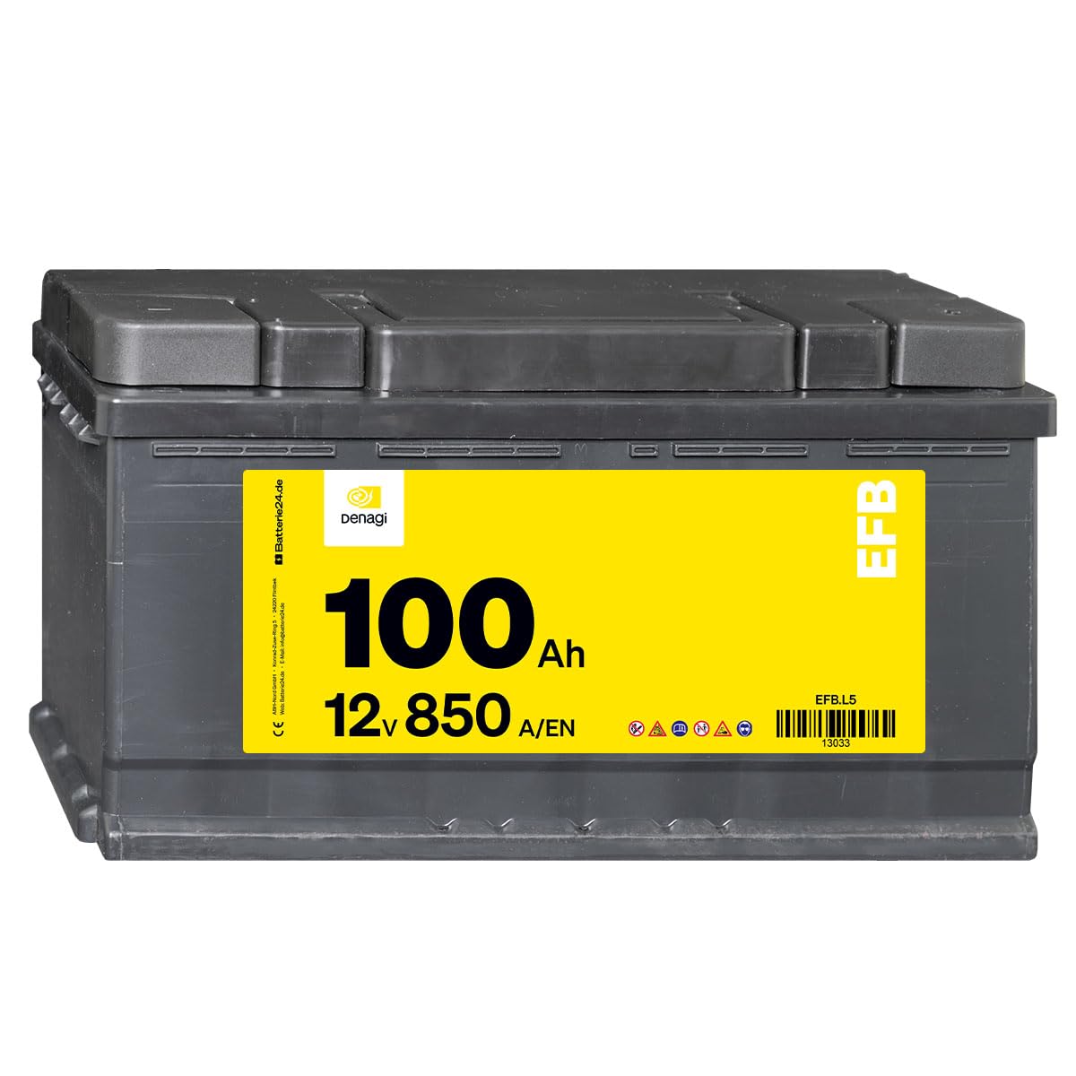 Denagi EFB 12V 100Ah Autobatterie 850A/EN Starterbatterie, Start-Stopp & Standheizung geeignet, absolut wartungsfrei von Denagi