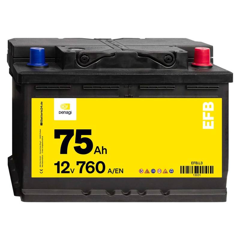 Denagi EFB 12V 75Ah Autobatterie 760A/EN Starterbatterie, Start-Stopp & Standheizung geeignet, absolut wartungsfrei von Denagi