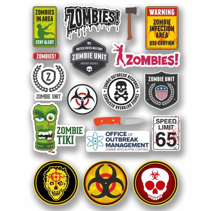 A4-Blatt, 18 x verschiedene Zombie-Vinyl-Aufkleber, Biohazard Warning Dead Walking #9763 (A4 (28 cm x 21 cm)) von DestinationVinyl