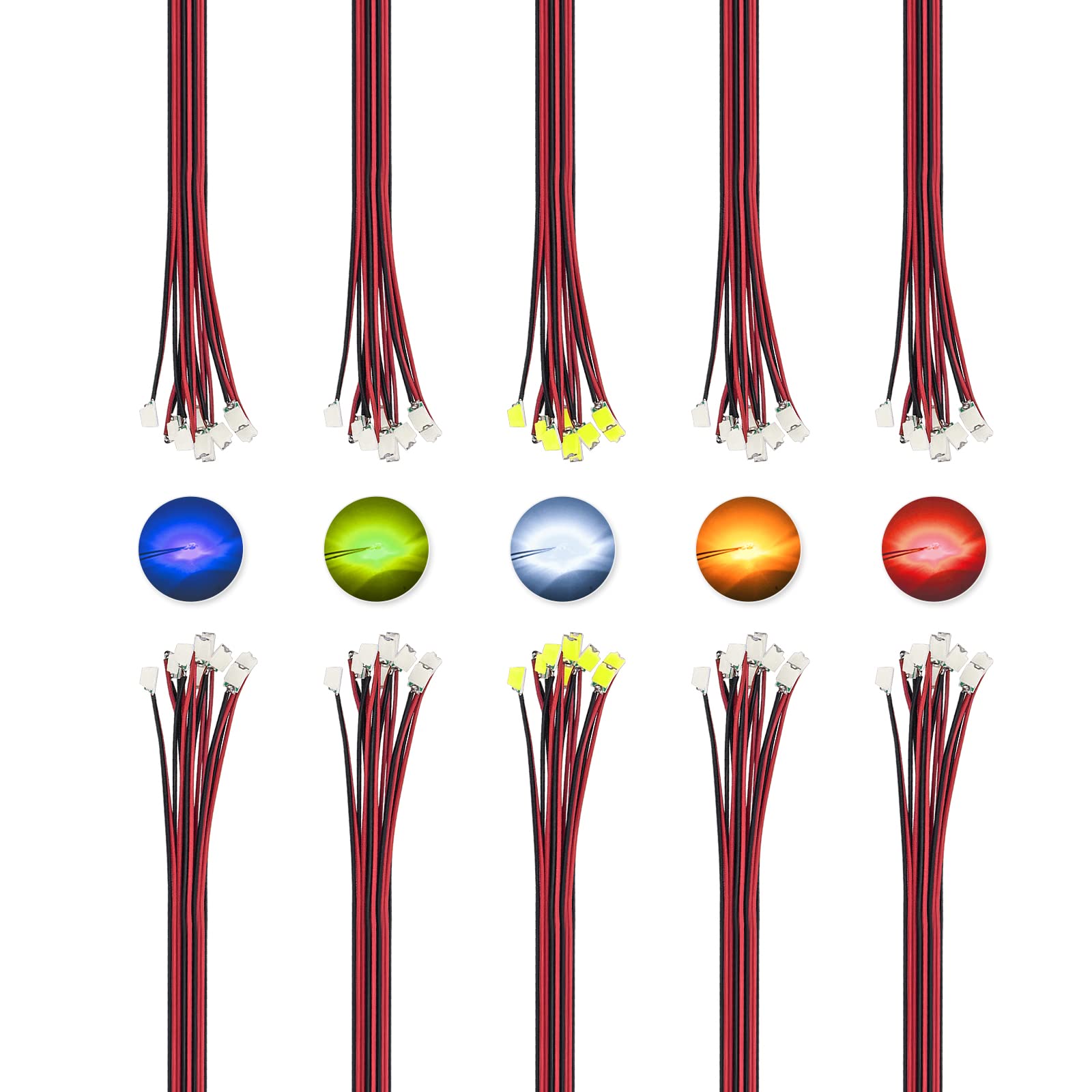 DiCUNO 100 Stk. 0805 Mikro LED Dioden, 20mA 16CM gelötete Mini LED Leuchtdiode, 5 gemischte Farbe für DIY, Modellbau, Modelllayout, Dekor von DiCUNO