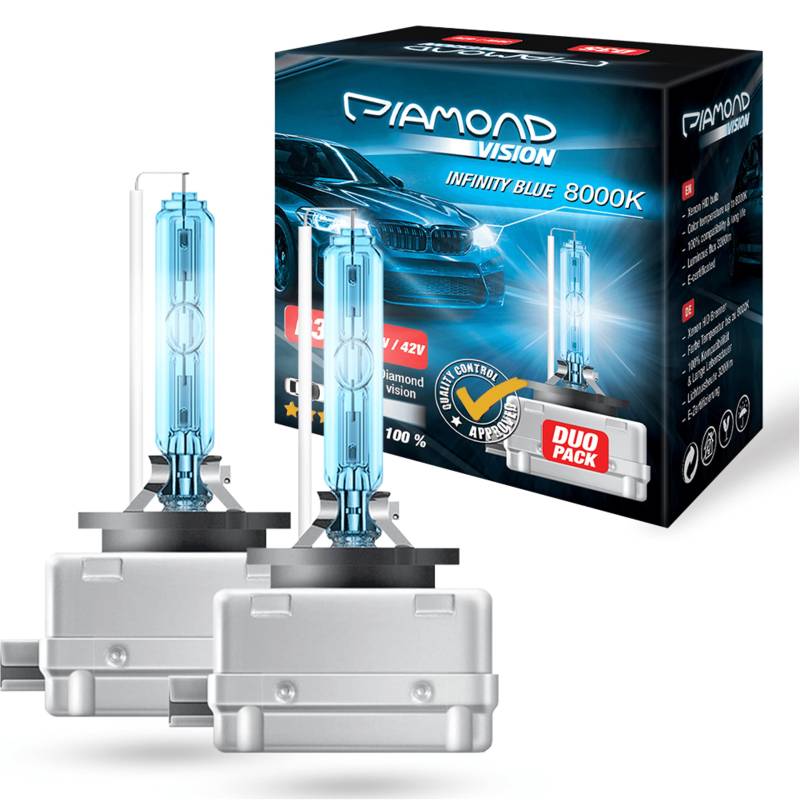 Diamond Vision 2X D3S 42V 35W | Xenon Look | Zugelassen & eintragungsfrei | Halogen KFZ Autolampen | 8000k Super Ultra White | HID Bi | Nightbreaker | E-Prüfzeichen | PK32d-5 von Diamond Vision