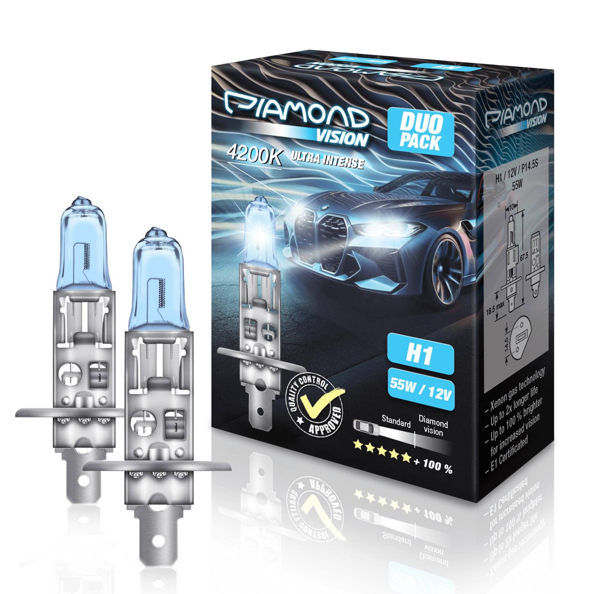 Diamond Vision 2x H1 12V 55W | Ultra Intense 4200K | Halogen KFZ Autolampen | zweimal so langlebig | Duobox | E-Prüfzeichen von Diamond Vision