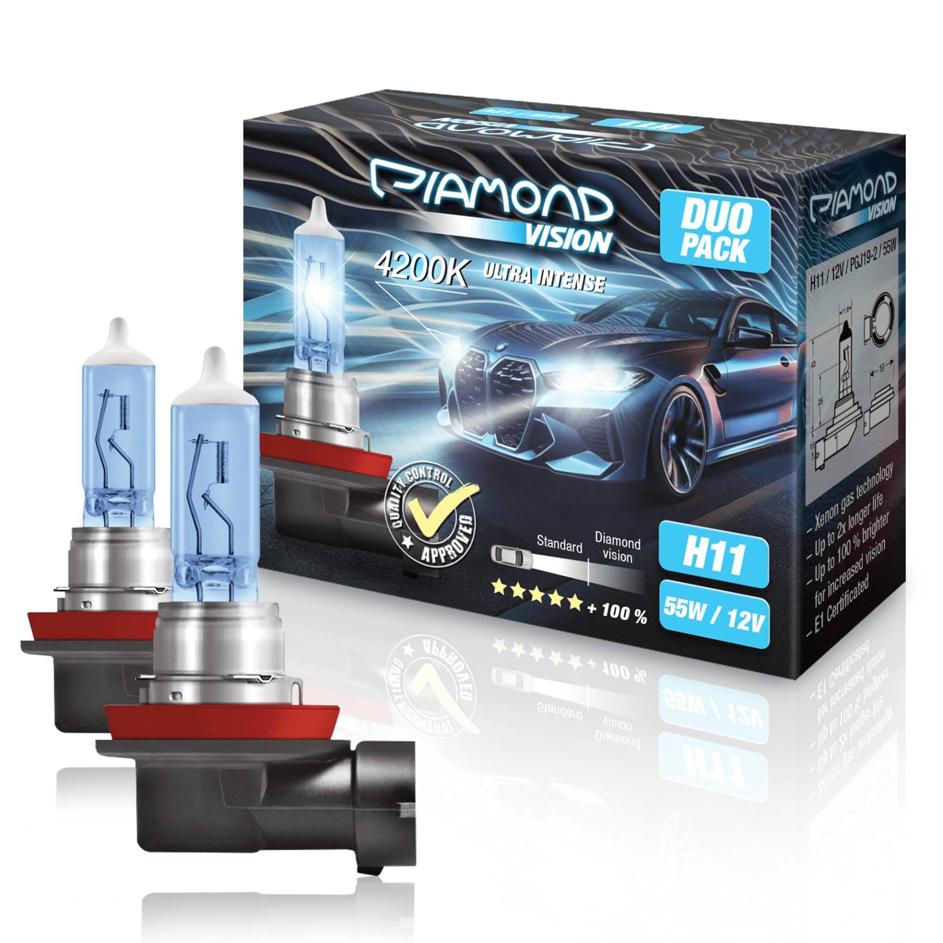 Diamond Vision 2x H11 12V 55W | Ultra Intense 4200K | Halogen KFZ Autolampen | zweimal so langlebig | Duobox | E-Prüfzeichen von Diamond Vision