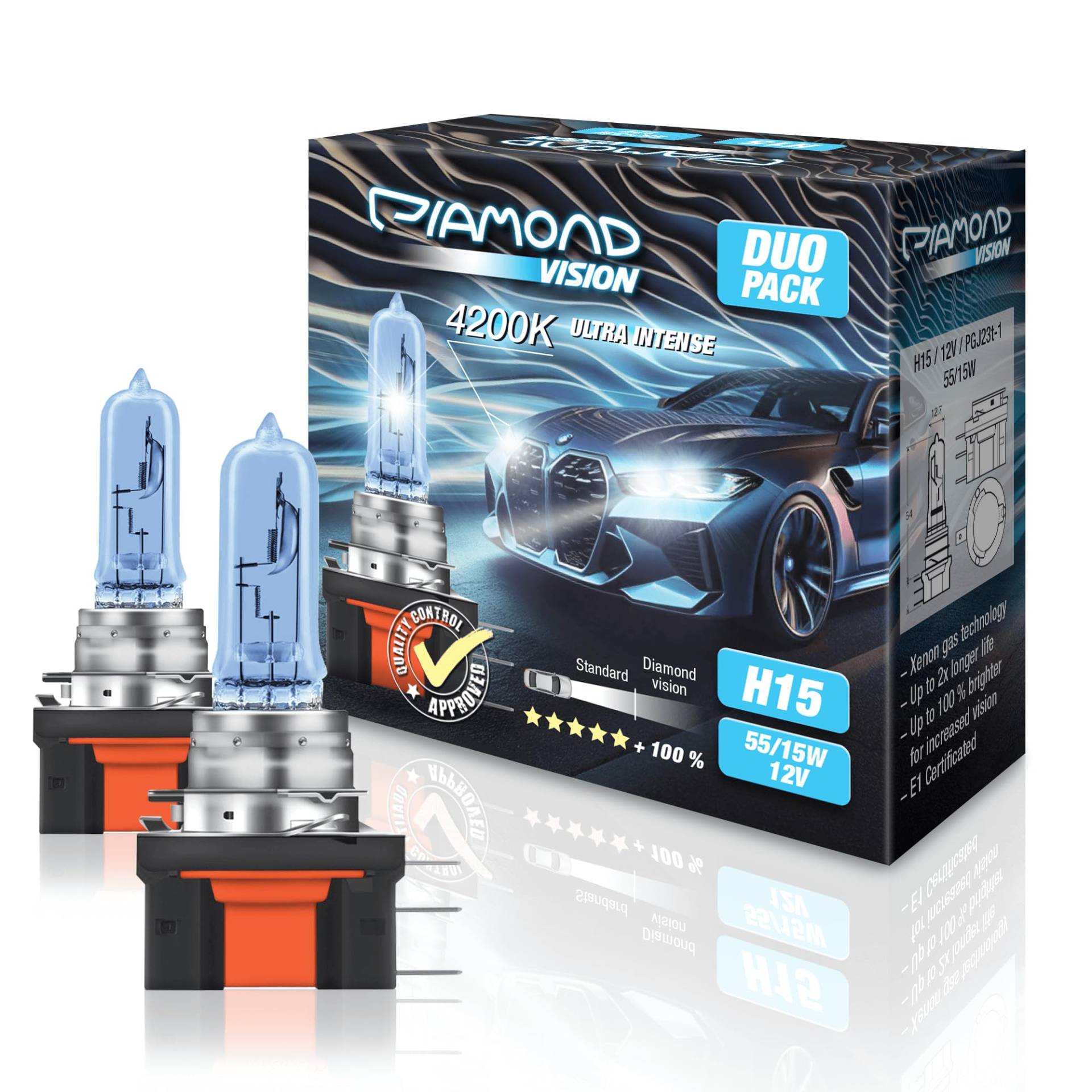 Diamond Vision 2x H15 12V 55W | Ultra Intense 4200K | Halogen KFZ Autolampen | zweimal so langlebig | Duobox | E-Prüfzeichen von Diamond Vision