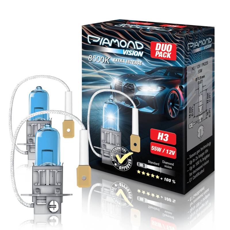 Diamond Vision 2x H3 12V 55W | Xenon Look | Halogen KFZ Autolampen | Kaltweiß | zweimal so langlebig | E-Prüfzeichen | PK22S von Diamond Vision