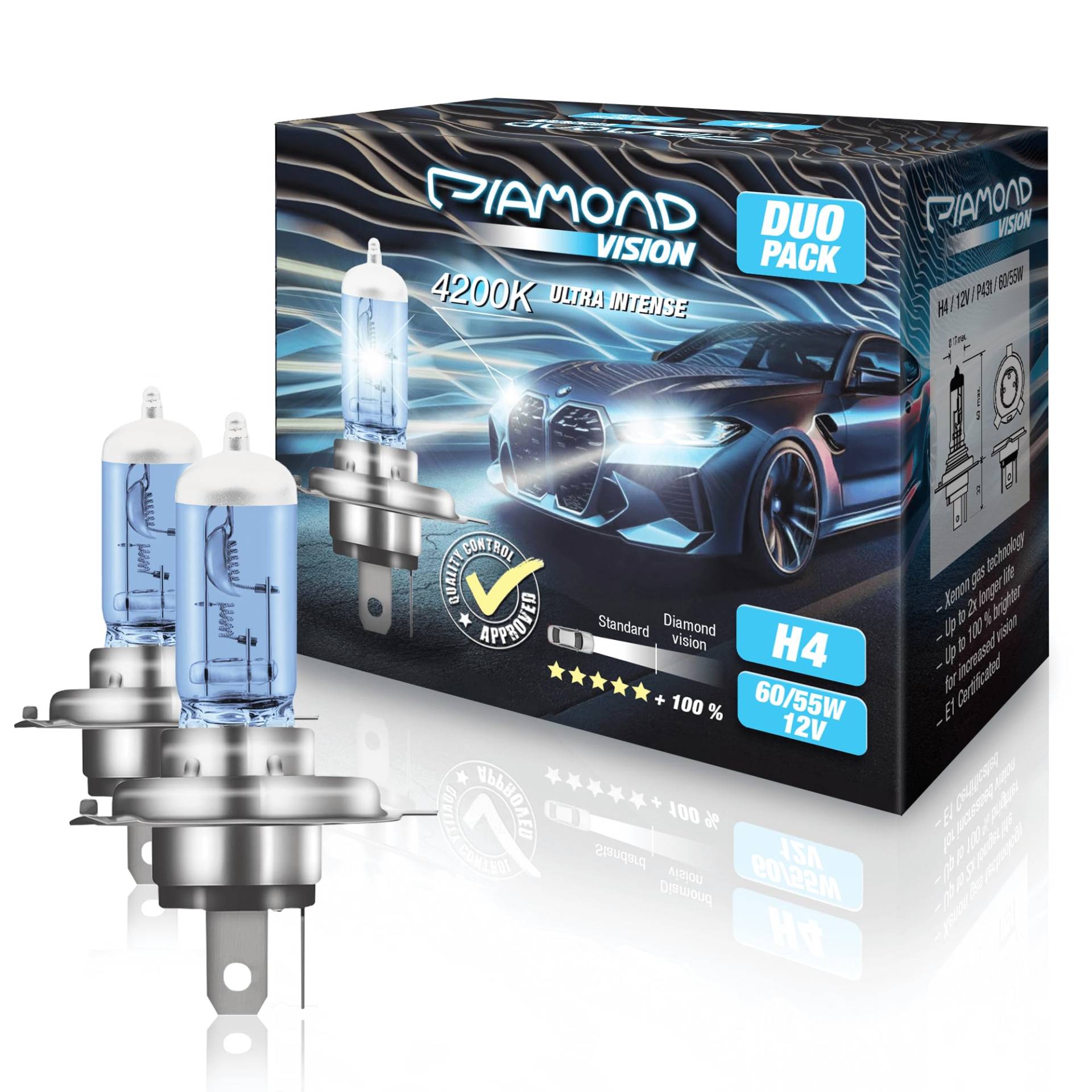 Diamond Vision 2x H4 12V 55W | Ultra Intense 4200K | Halogen KFZ Autolampen | zweimal so langlebig | Duobox | E-Prüfzeichen von Diamond Vision