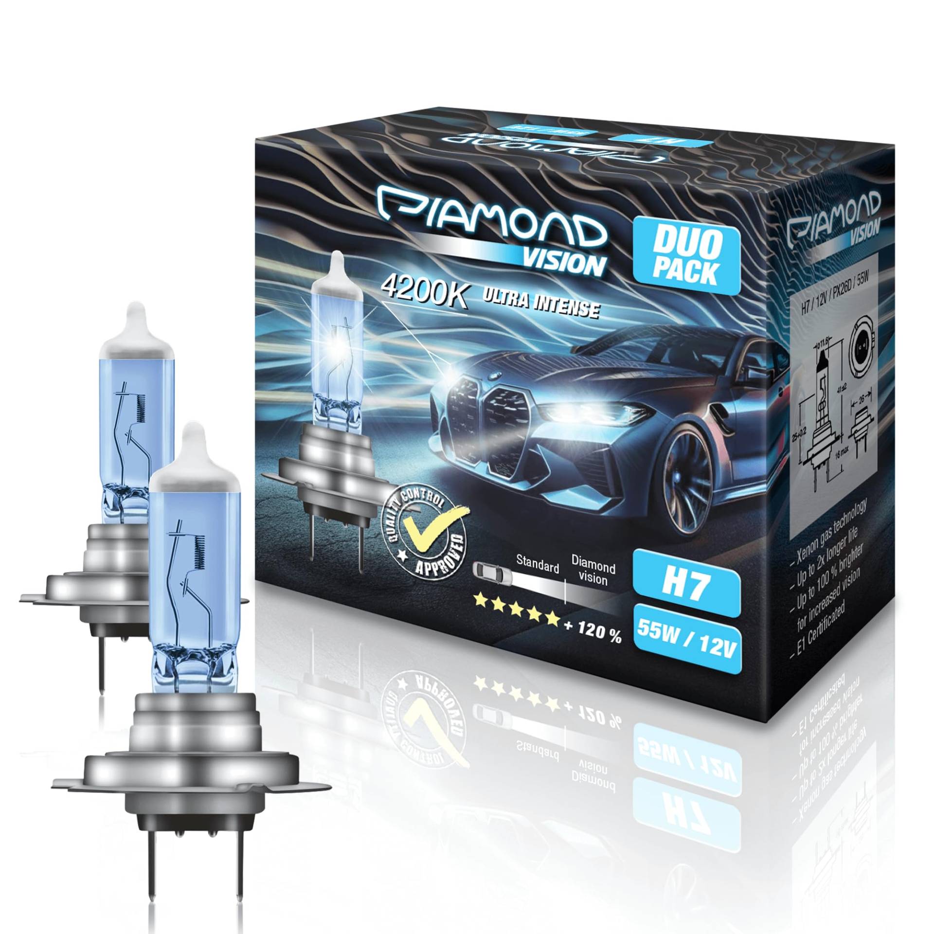 Diamond Vision 2x H7 12V 55W | Ultra Intense 4200K | Halogen KFZ Autolampen | zweimal so langlebig | Duobox | E-Prüfzeichen von Diamond Vision
