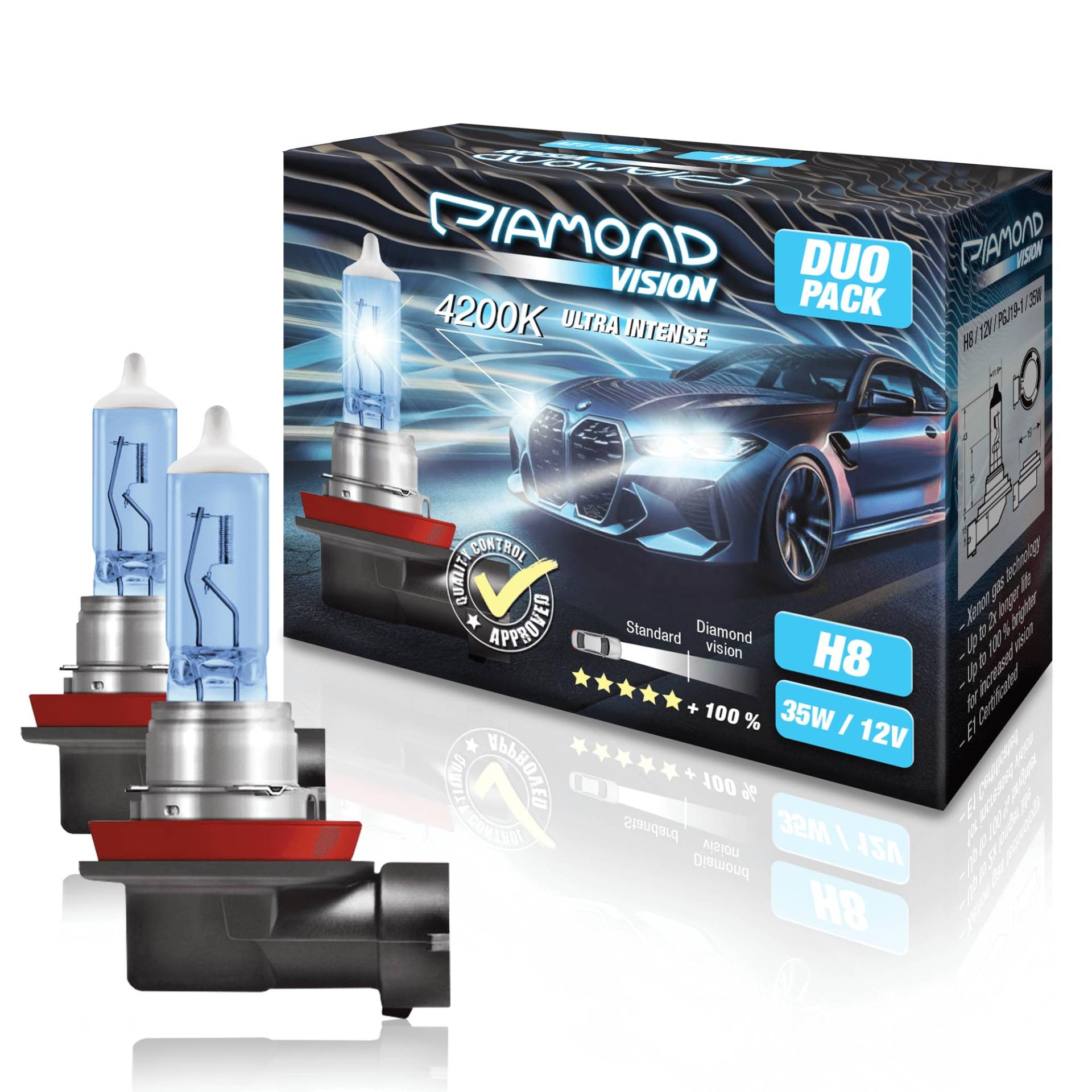 Diamond Vision 2x H8 12V 55W | Ultra Intense 4200K | Halogen KFZ Autolampen | zweimal so langlebig | Duobox | E-Prüfzeichen von Diamond Vision