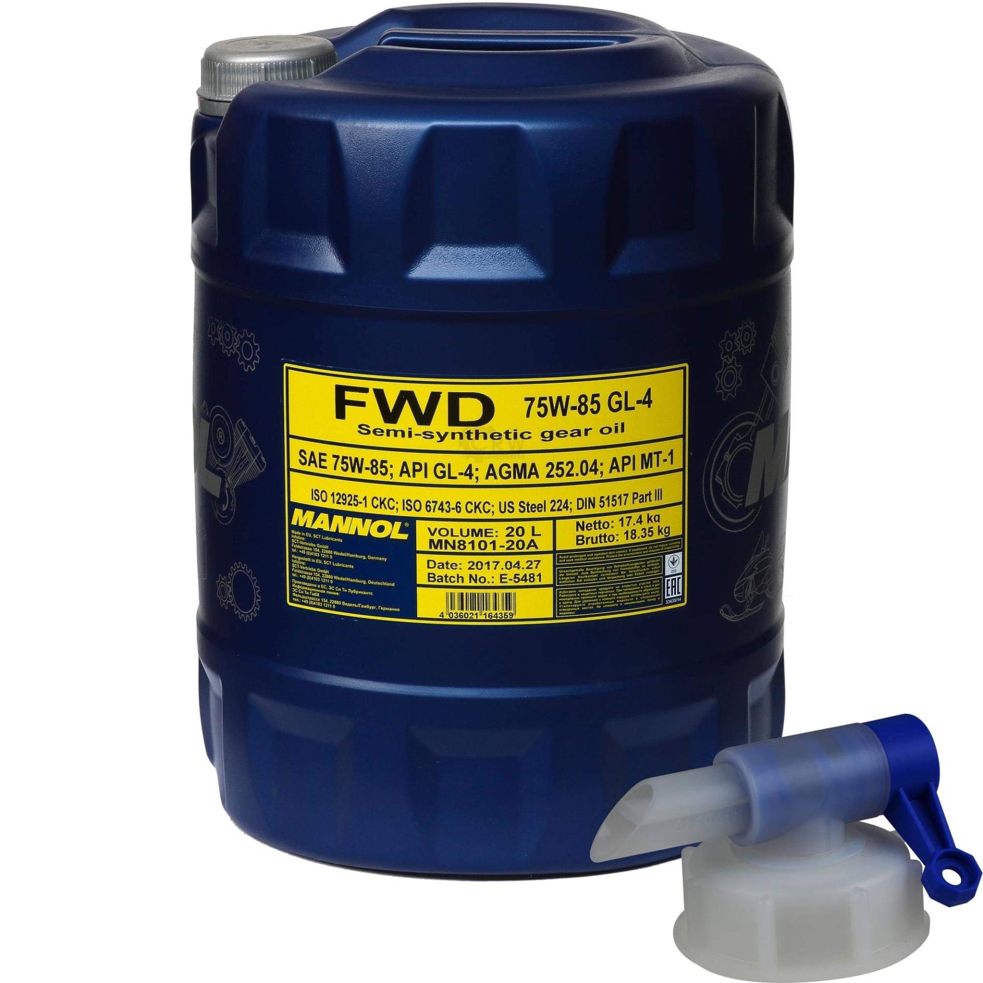 20 L MANNOL Getriebeöl FWD Getriebeoel 75W-85 API GL 4 Gear Oil + Auslaufhahn von Diederichs