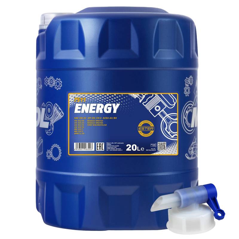 20 Liter MANNOL Motoröl Energy 5W-30 API SL/CF Engine Oil Öl inkl. Auslaufhahn von Diederichs