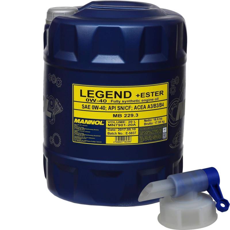 20 Liter MANNOL Motoröl SAE 0W-40 LEGEND+ESTER Engine Oil Öl inkl. Auslaufhahn von Diederichs