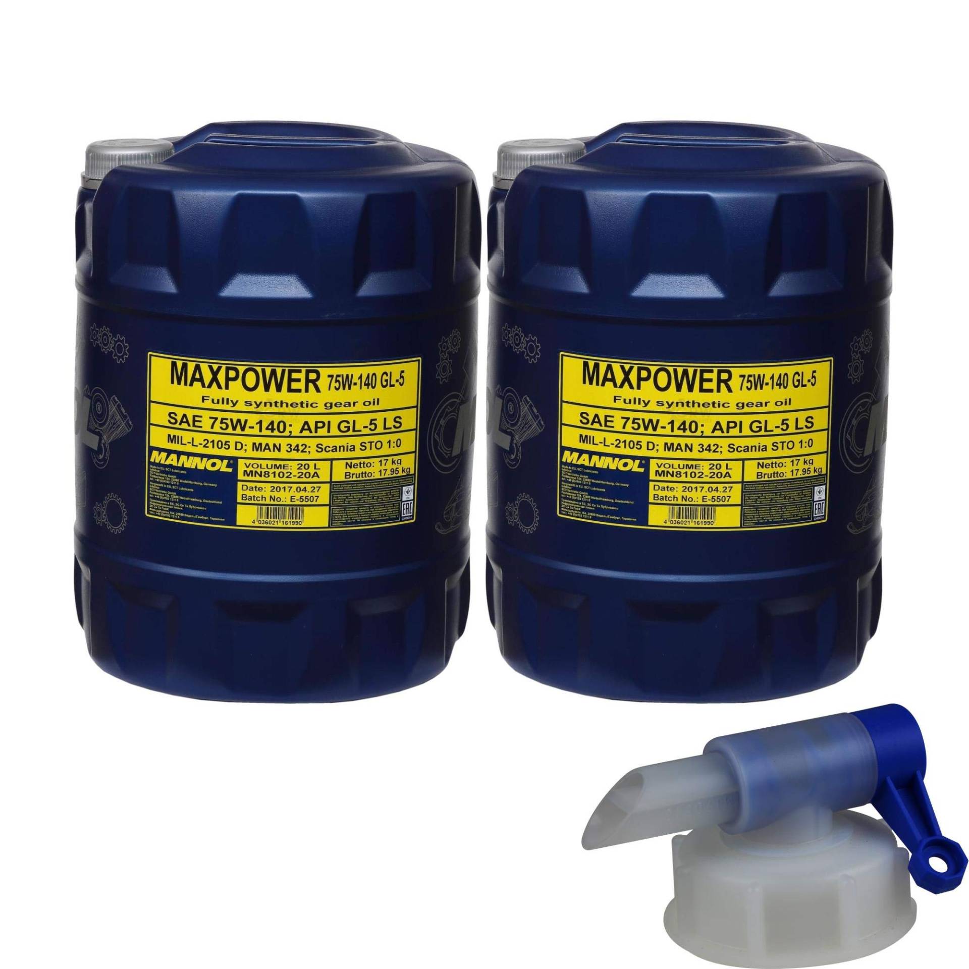 2x 20 Liter MANNOL Getriebeöl Maxpower 4x4 75W-140 API GL 5 LS + Auslaufhahn von Diederichs