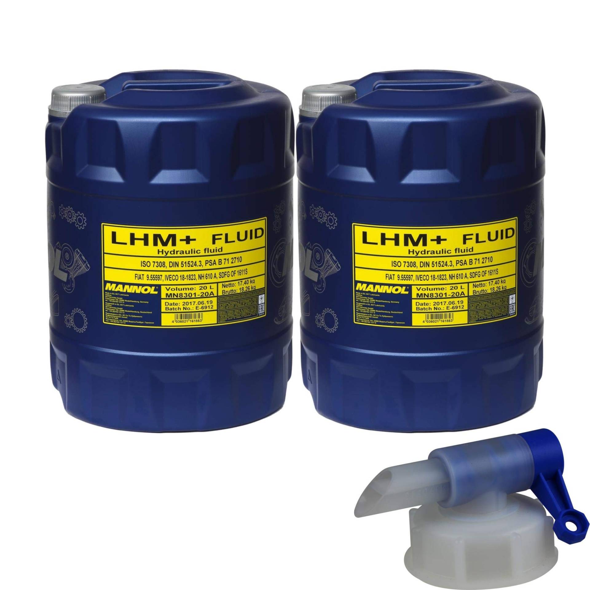 2x 20 Liter MANNOL LHM+ Fluid Hydraulik Öl Flüssigkeit DIN 51524.2 + Auslaufhahn von Diederichs