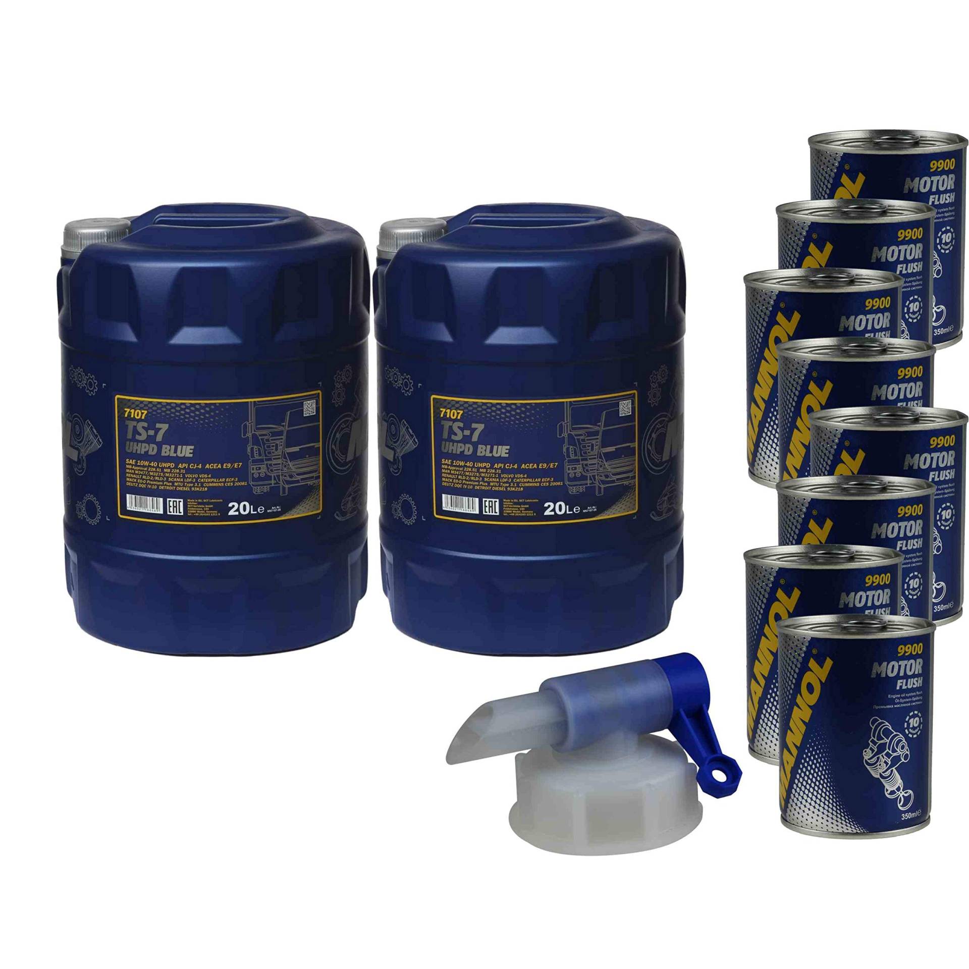 40L Motoröl MANNOL TS-7 UHPD Blue 10W-40 8x MANNOL Motor Flush ADDITIV von Diederichs