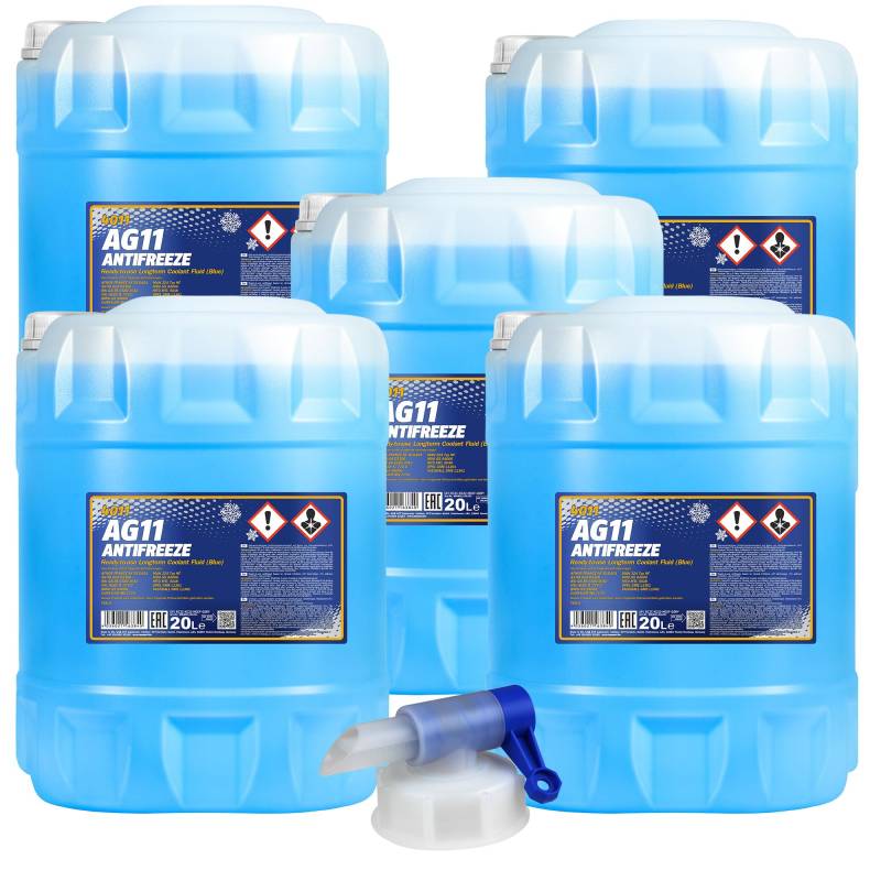 5x 20 L MANNOL Kühlerfrostschutz Longterm Antifreeze AG11 blau + Auslaufhahn Typ G11 von Diederichs