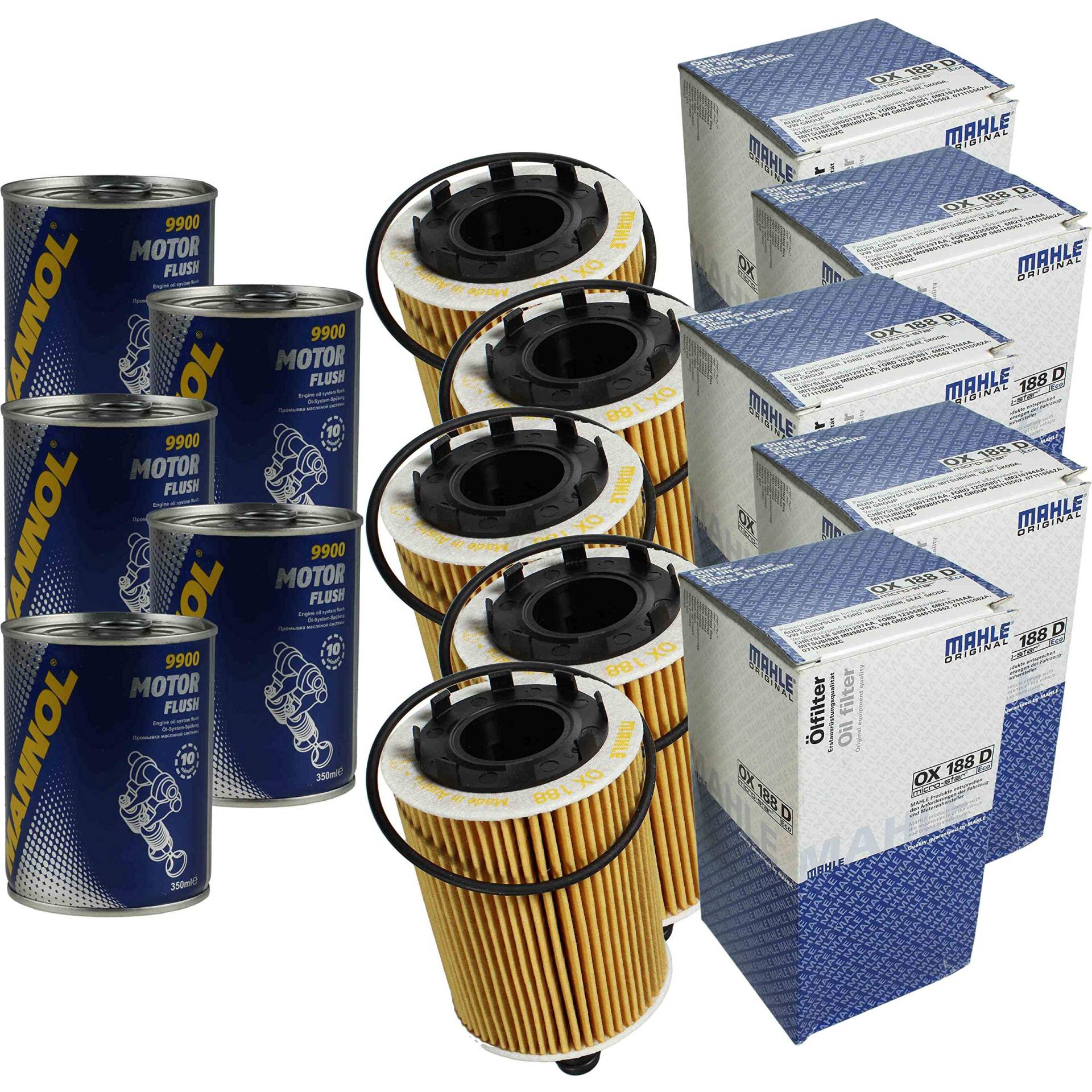 5x Original MAHLE/KNECHT Ölfilter OX 188D + 5x SCT Motor Flush Motorspülung von Diederichs