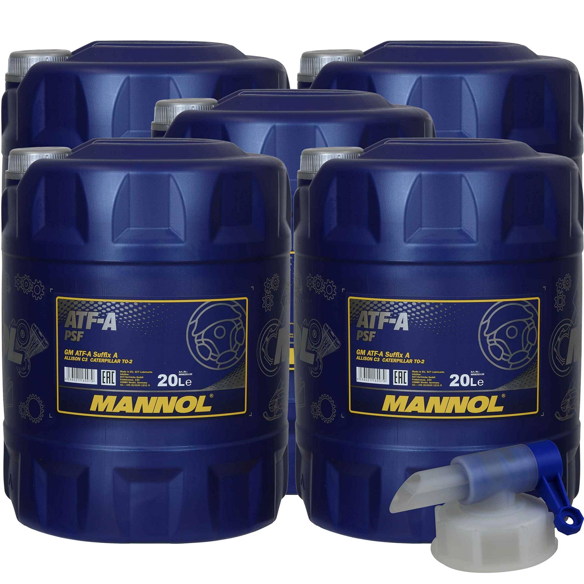 5x20 Liter MANNOL Hydrauliköl ATF-A PSF Hydraulic Fluid Oil inkl. Auslaufhahn von Diederichs