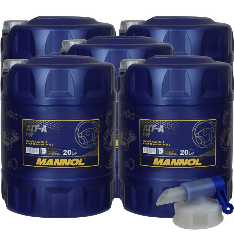 5x20 Liter MANNOL Hydrauliköl ATF-A PSF Hydraulic Fluid Oil inkl. Auslaufhahn von Diederichs