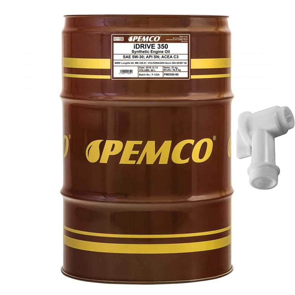 60 Liter Orignal PEMCO Motoröl iDRIVE 350 5W-30 API SN/CF Engine inkl. Auslaufhahn SAE ACEA C3/A3/B4 504.00/507.00 MB 229.51 LL-04 von Diederichs