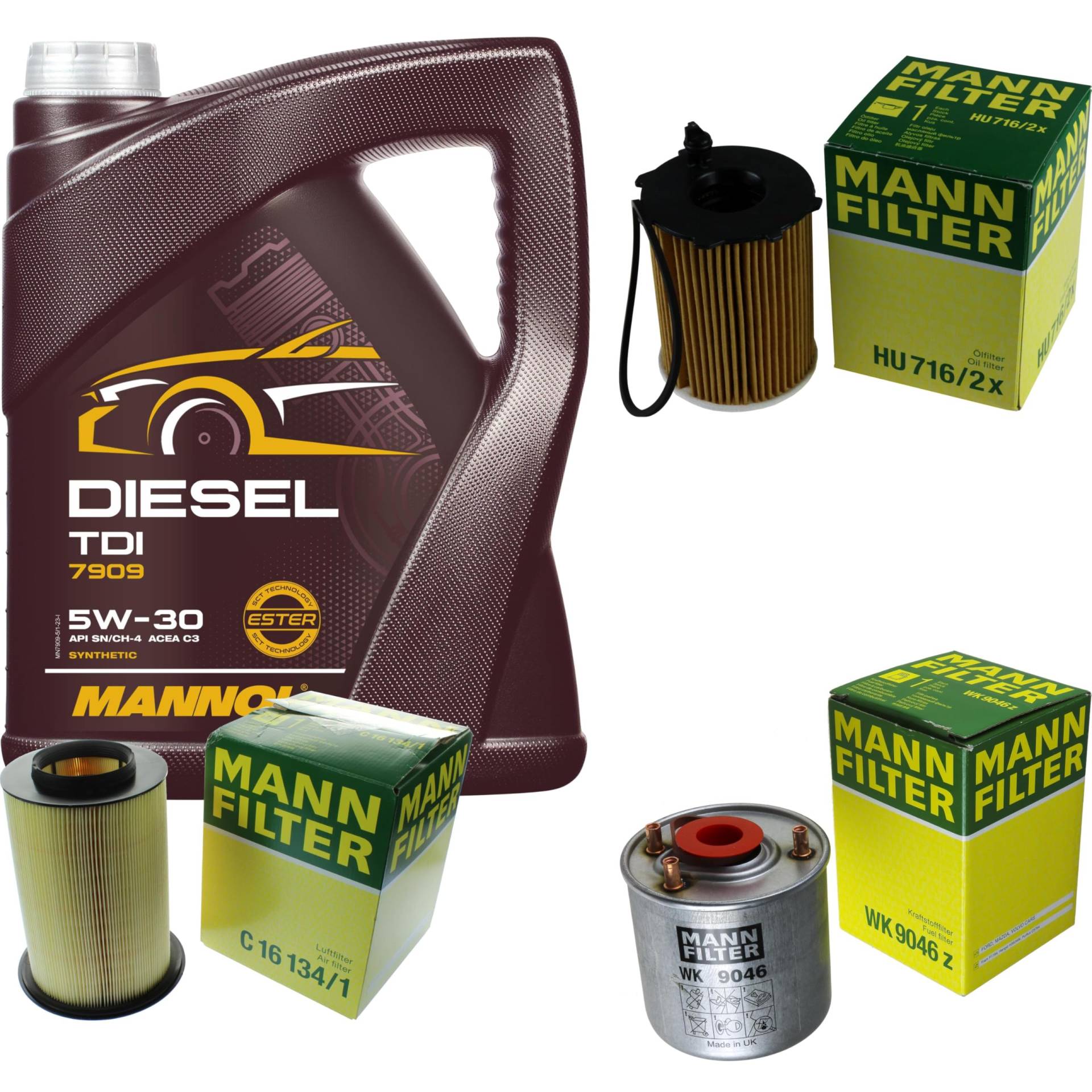 Filter Set Inspektionspaket 5 Liter MANNOL Motoröl Diesel TDI 5W-30 API SN/CF MANN-FILTER Luftfilter Ölfilter Kraftstofffilter von Diederichs