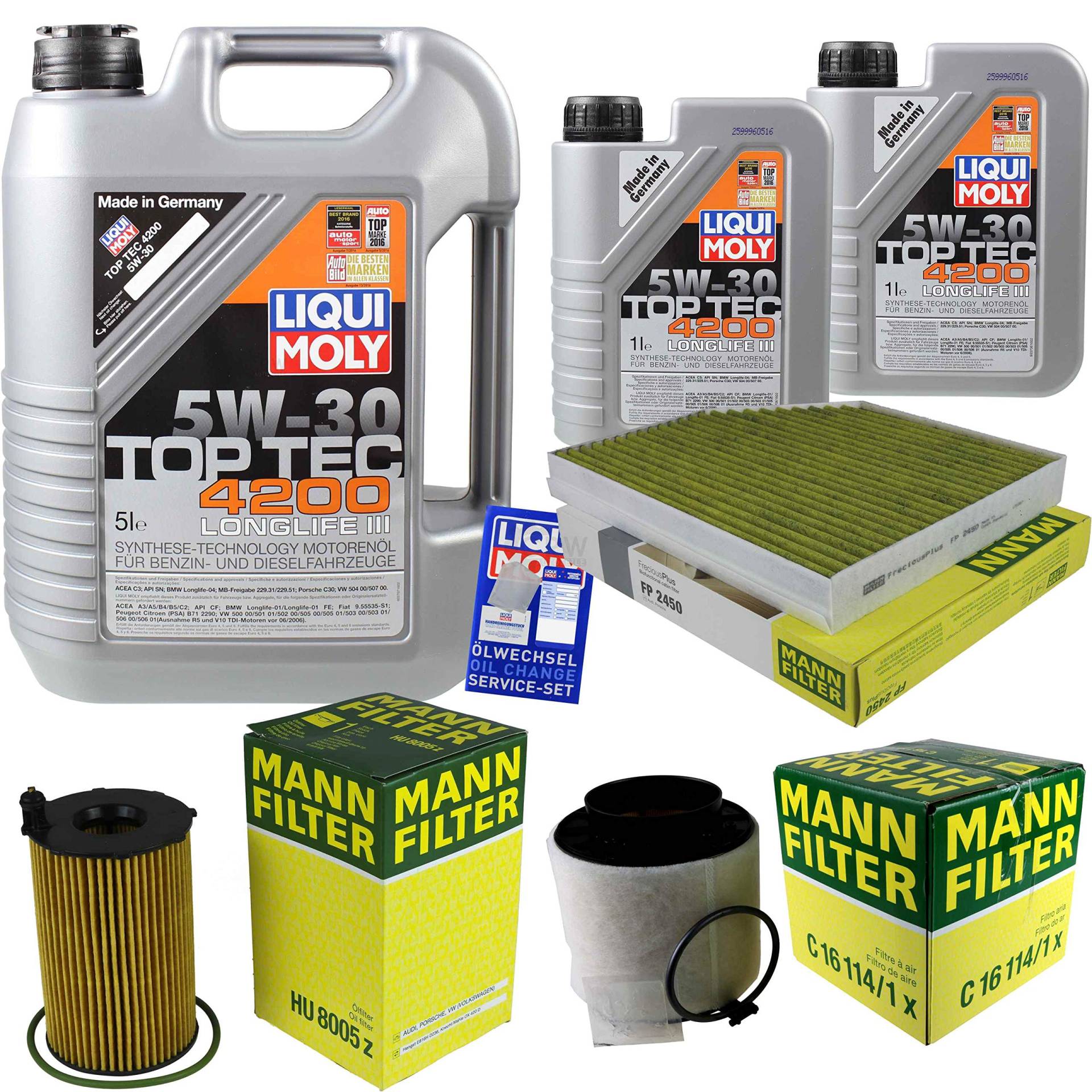 Filter Set Inspektionspaket 7 Liter Liqui Moly Motoröl Top Tec 4200 5W-30 MANN-FILTER Innenraumfilter Luftfilter Ölfilter von Diederichs