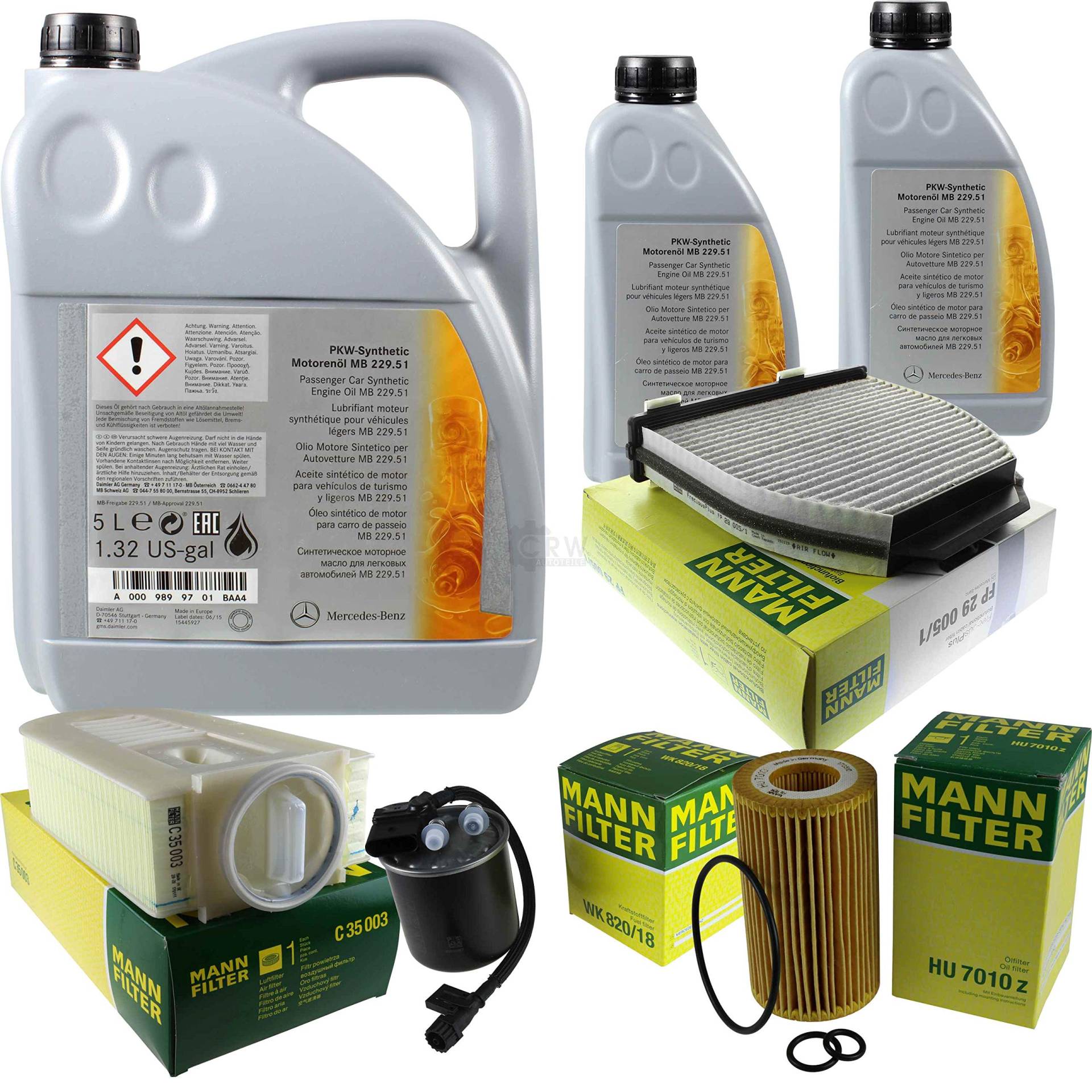 Filter Set Inspektionspaket 7 Liter Original Motoröl 5W-30 MB 229.51 MANN-FILTER Innenraumfilter Kraftstofffilter Luftfilter Ölfilter von Diederichs