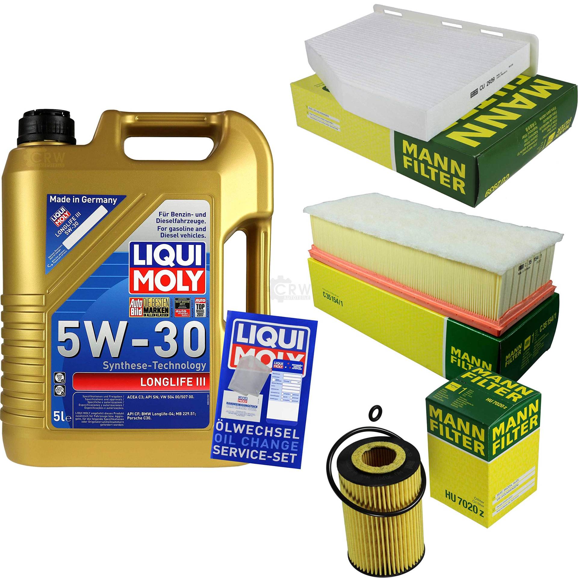 QR-PARTS 69370855 Filter Set Inspektionspaket 5 Liter Liqui Moly Motoröl Longlife III 5W-30 MANN-FILTER Innenraumfilter Luftfilter Ölfilter von Diederichs