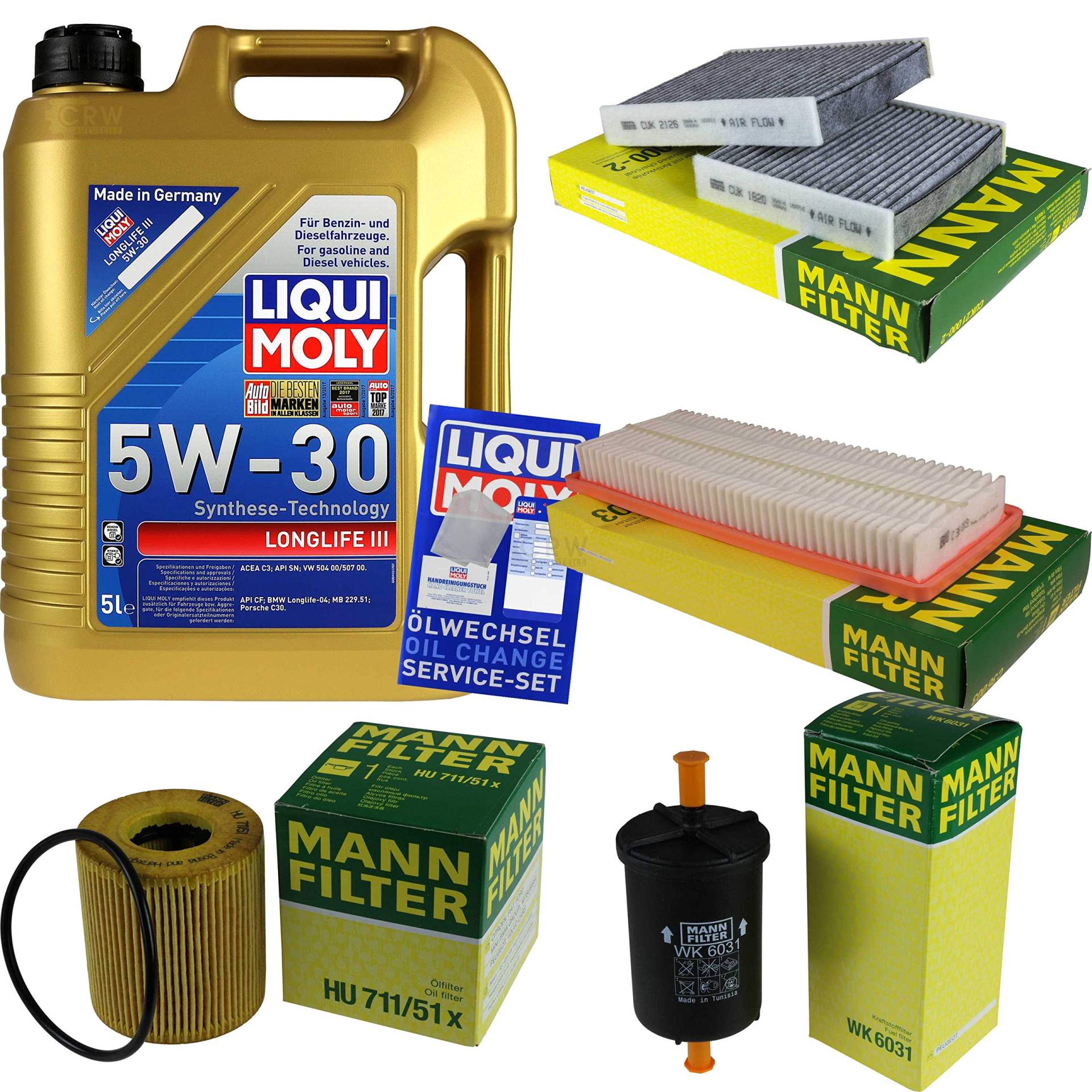 Filter Set Inspektionspaket 5 Liter Liqui Moly Motoröl Longlife III 5W-30 MANN-FILTER Innenraumfilter Kraftstofffilter Luftfilter Ölfilter von Diederichs