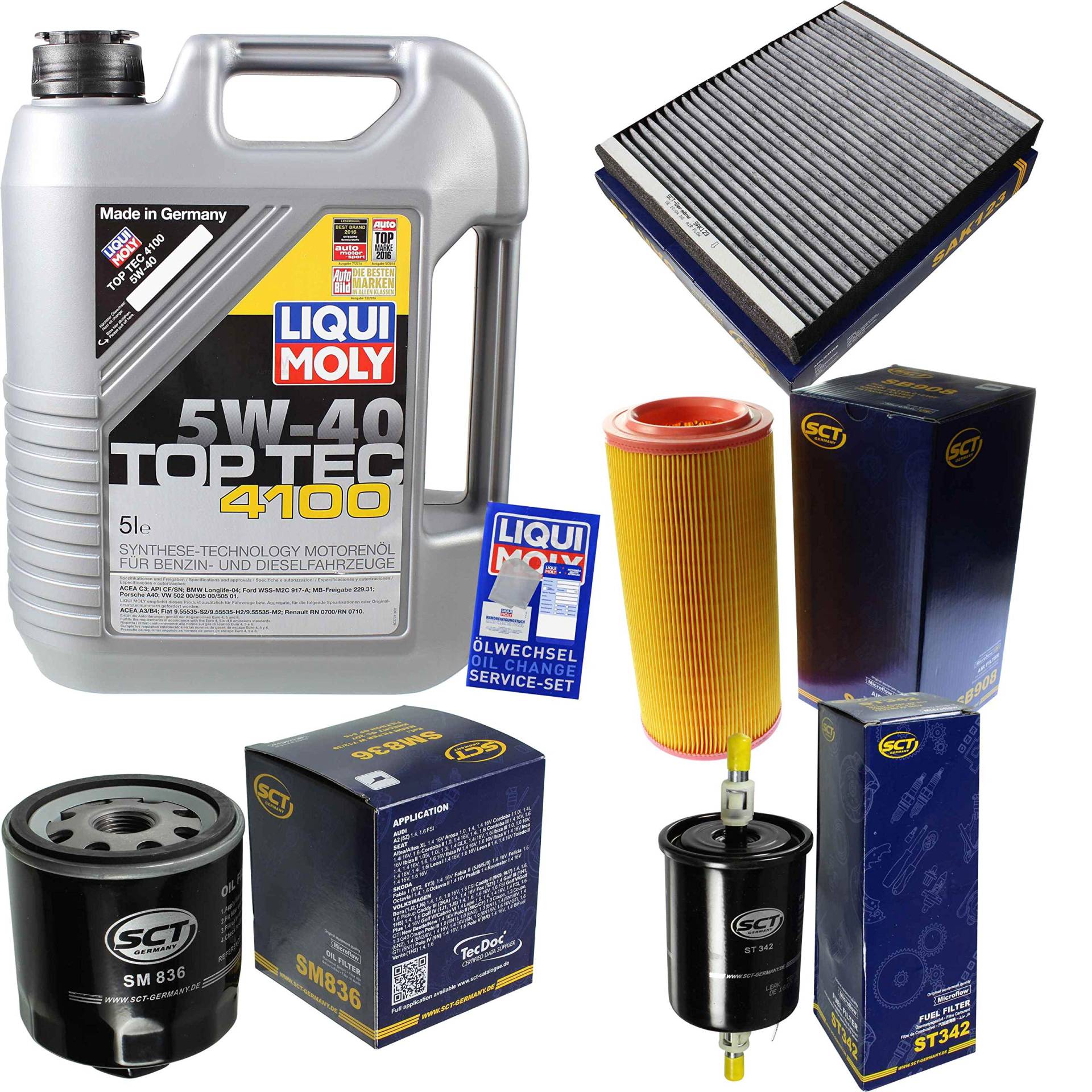 QR-PARTS 69408634 Filter Set Inspektionspaket 5 Liter Motoröl Top Tec 4100 5W-40 SCT Germany Innenraumfilter Kraftstofffilter Luftfilter Ölfilter von Diederichs