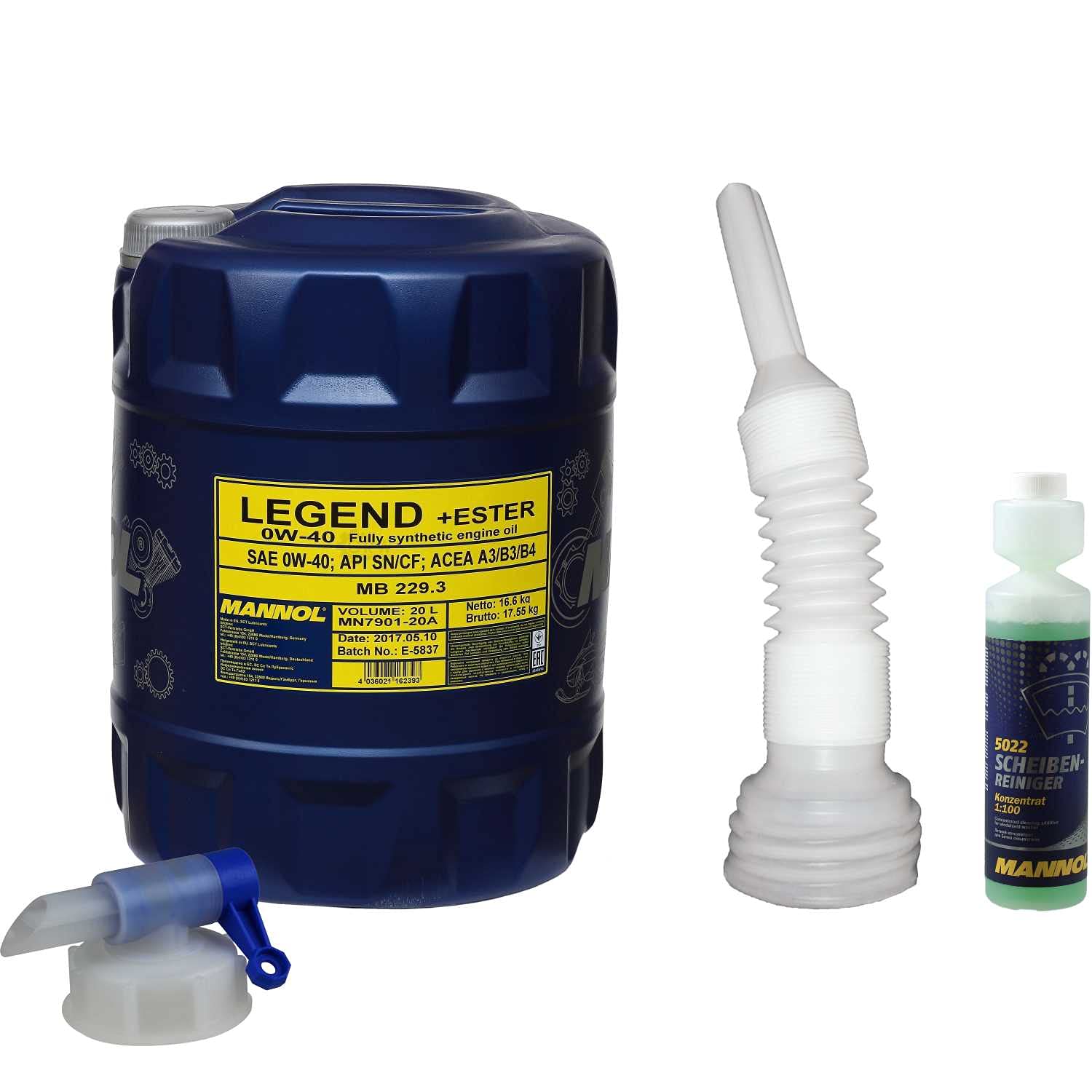 QR-Parts Set 20 Liter 85457019 5022 CT4503 DIN61 MN7901-20 MANNOL Scheibenreiniger Konzentrant 1:100 250ml Legend+Ester 0W-40 Auslaufhahn von Diederichs