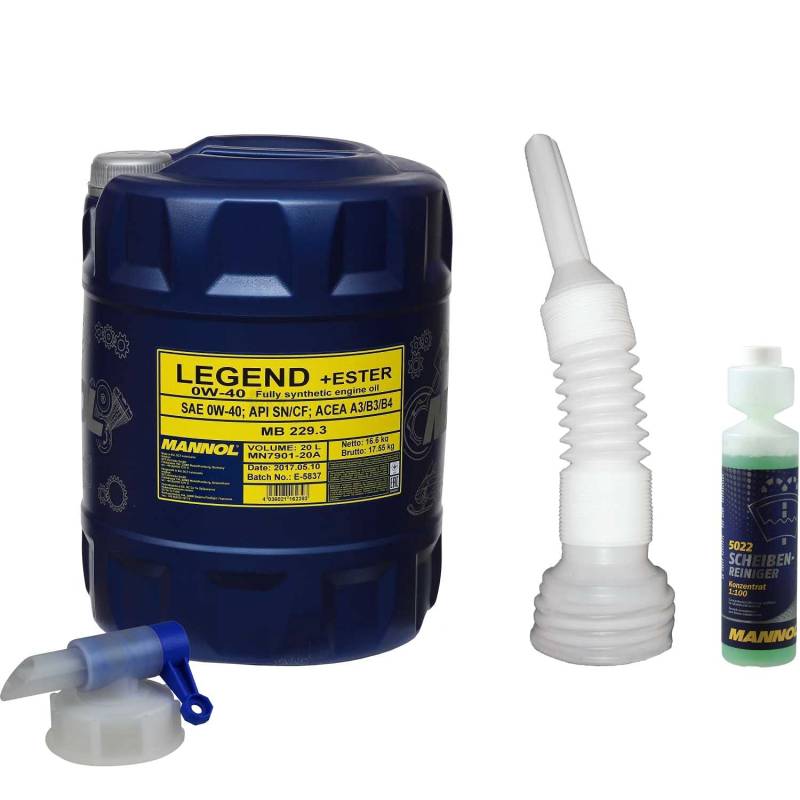 QR-Parts Set 20 Liter 85457019 5022 CT4503 DIN61 MN7901-20 MANNOL Scheibenreiniger Konzentrant 1:100 250ml Legend+Ester 0W-40 Auslaufhahn von Diederichs