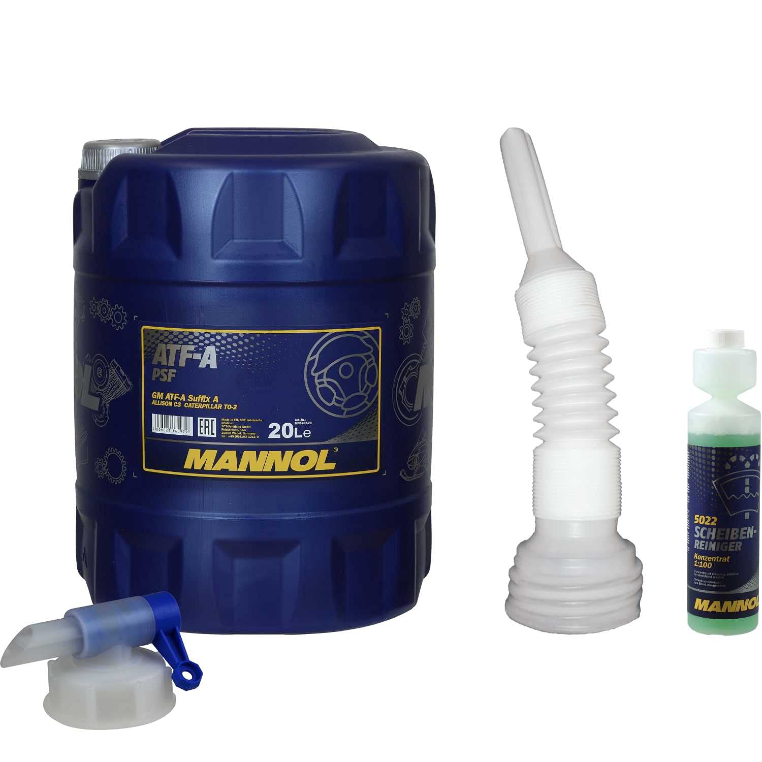 QR-Parts Set 20 Liter 85457046 MN8203-20 DIN61 CT4503 5022 MANNOL Scheibenreiniger Konzentrant 1:100 250ml Original ATF-A PSF Auslaufhahn von Diederichs