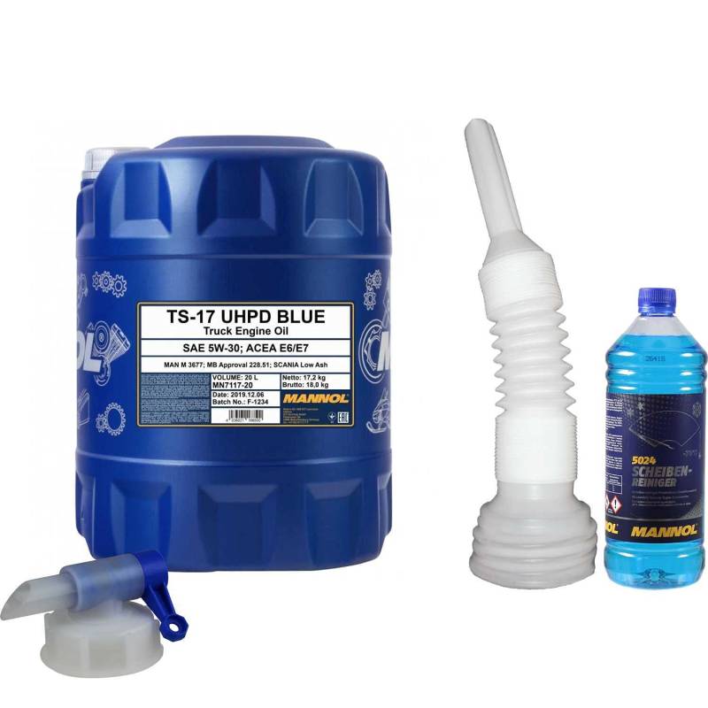 QR-Parts Set 20 Liter 85458265 CT4503 MN7117-20 DIN61 5024 1 Original MANNOL Scheiben-Reiniger -70 °C Frostschutz Konzentrat 20L Motoröl TS-17 UHPD Blue 5W-30 Auslaufhahn von Diederichs