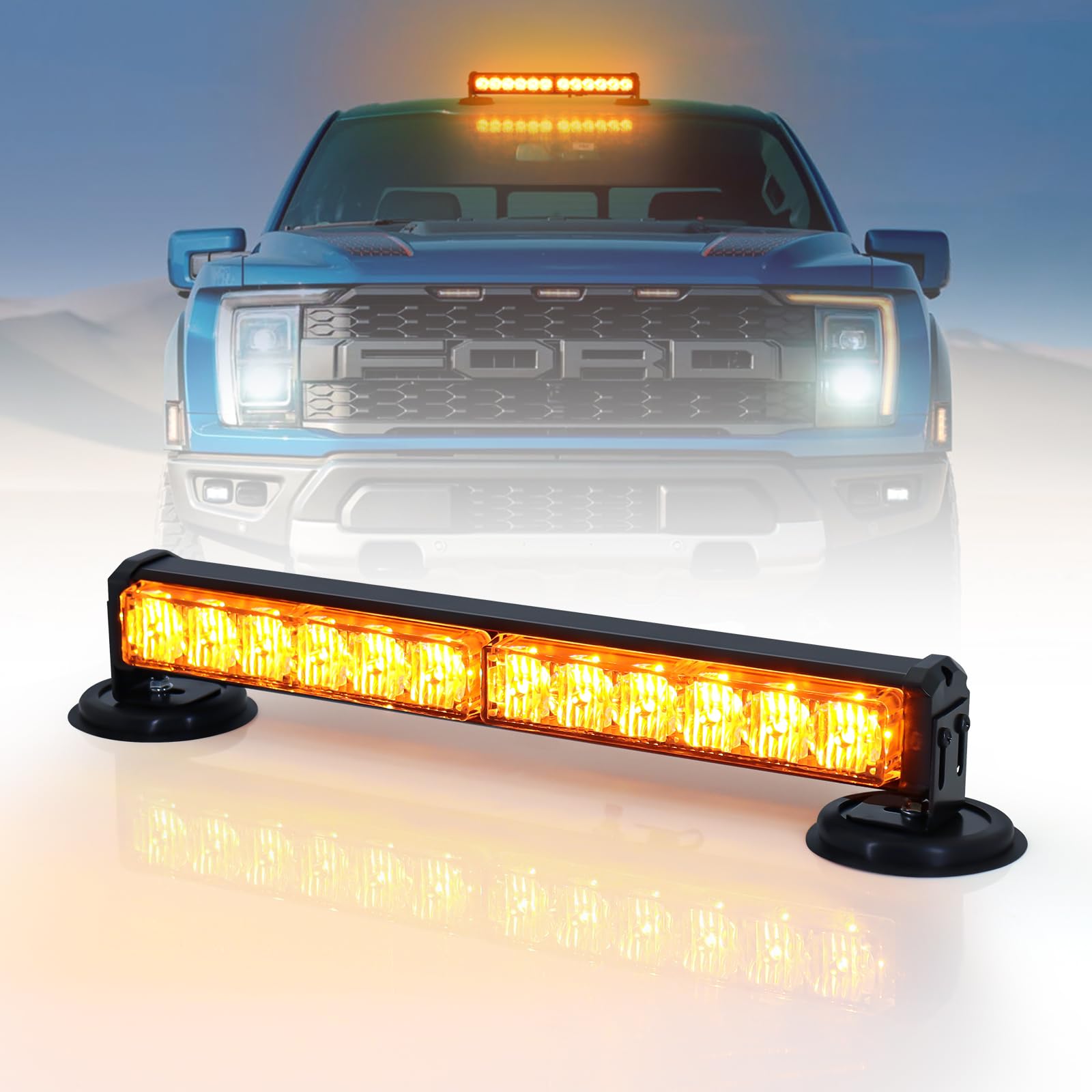 12 Zoll Blinken LED Warnleuchte Akku Orange/Gelbe Lichtleiste, 12v gelblicht led blitzer mit 14 Blinkende Stroboskop-Modi für Auto Pkw Truck Traktor KFZ LKW (mit Zigarettenanzünder) von Dinfu