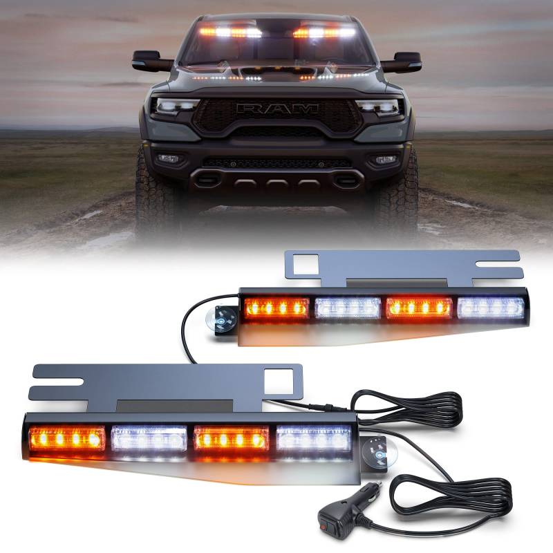 2pcs 16,8-Zoll Blinken LED Warnleuchte Orange + weißes Leuchtfeuer Interior blinkende Lichtleiste Verkehr Advisor Strobe Light mit 32LED 26 Flash-Muster für Baufahrzeuge LKWs（mit Zigarrenanzünder） von Dinfu