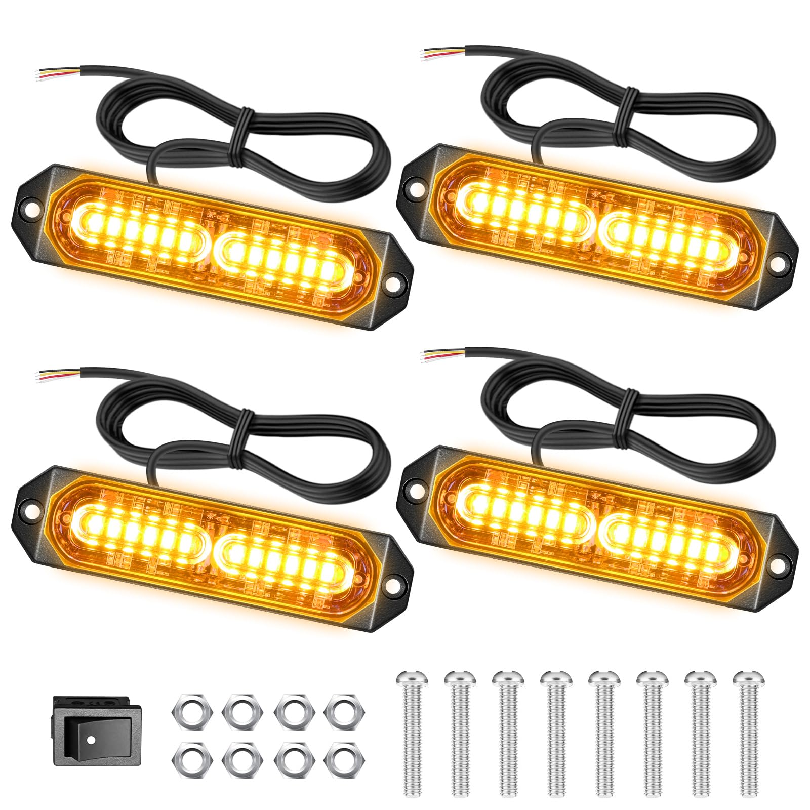 4 x 12 Led Warnlicht frontblitzer orange,12v/24v led blitzer 48W LED Warnleuchte mit 21 Blinkende Stroboskop-Modi IP67 Blitzleuchte Lichtleiste für Auto Pkw Truck Traktor KFZ LKW von Dinfu