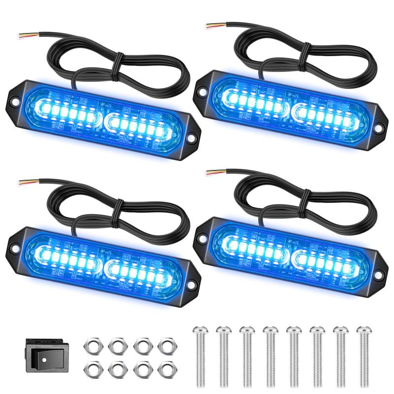 Dinfu 4 x 12 Led frontblitzer Blaulicht,12v/24v led blitzer Blau 48W LED Warnleuchte mit 21 Blinkende Stroboskop-Modi IP67 Blitzleuchte Lichtleiste für Auto Pkw Truck Traktor KFZ LKW von Dinfu