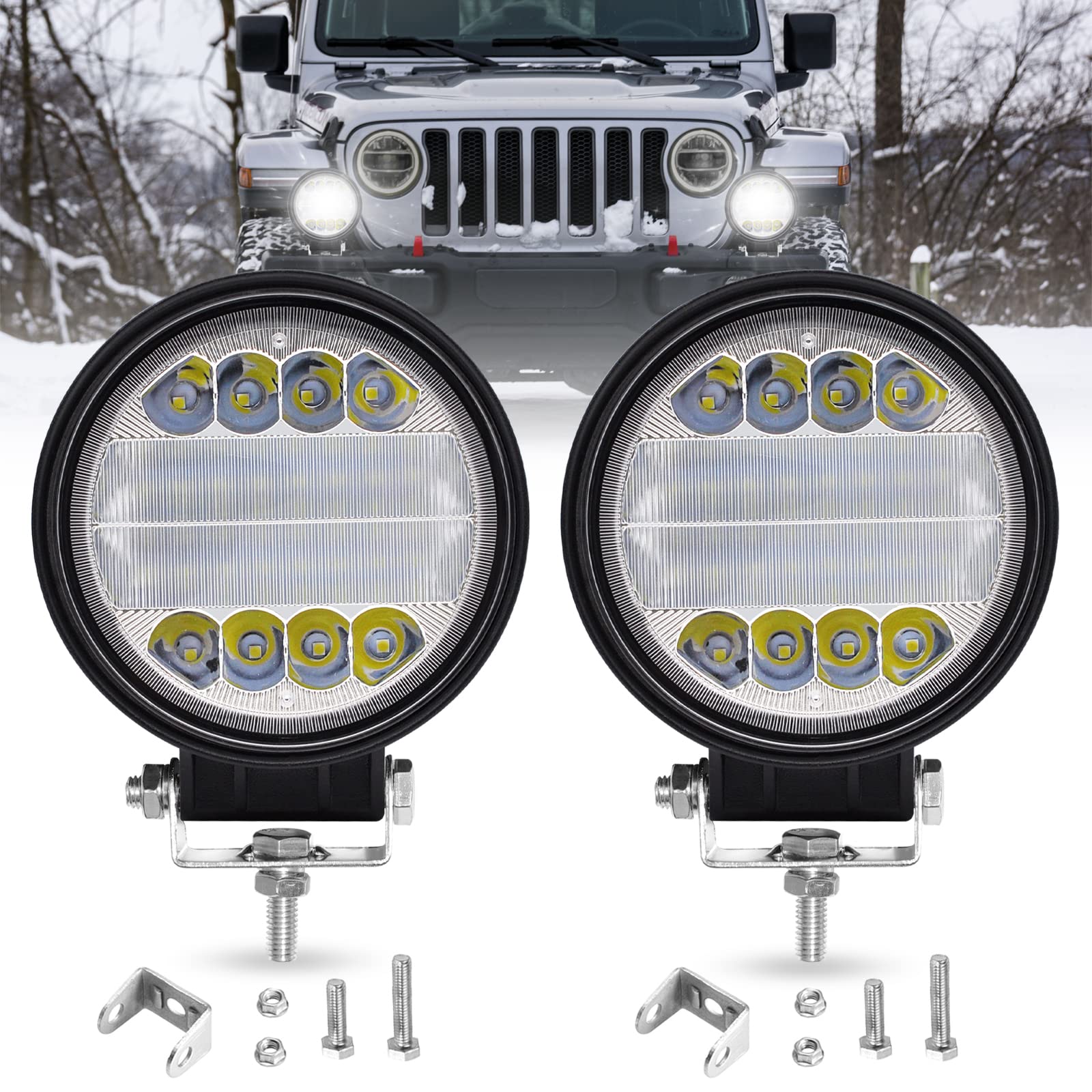 Runde LED Arbeitsscheinwerfer, 2 x 96W LED Scheinwerfer weiß, Offroad Zusatzscheinwerfer Wasserdicht IP68 LED spot+flood Arbeitsscheinwerfer Für ATV UTV SUV KFZ Bagger Gabelstapler Traktor LKW J-eep von Dinfu