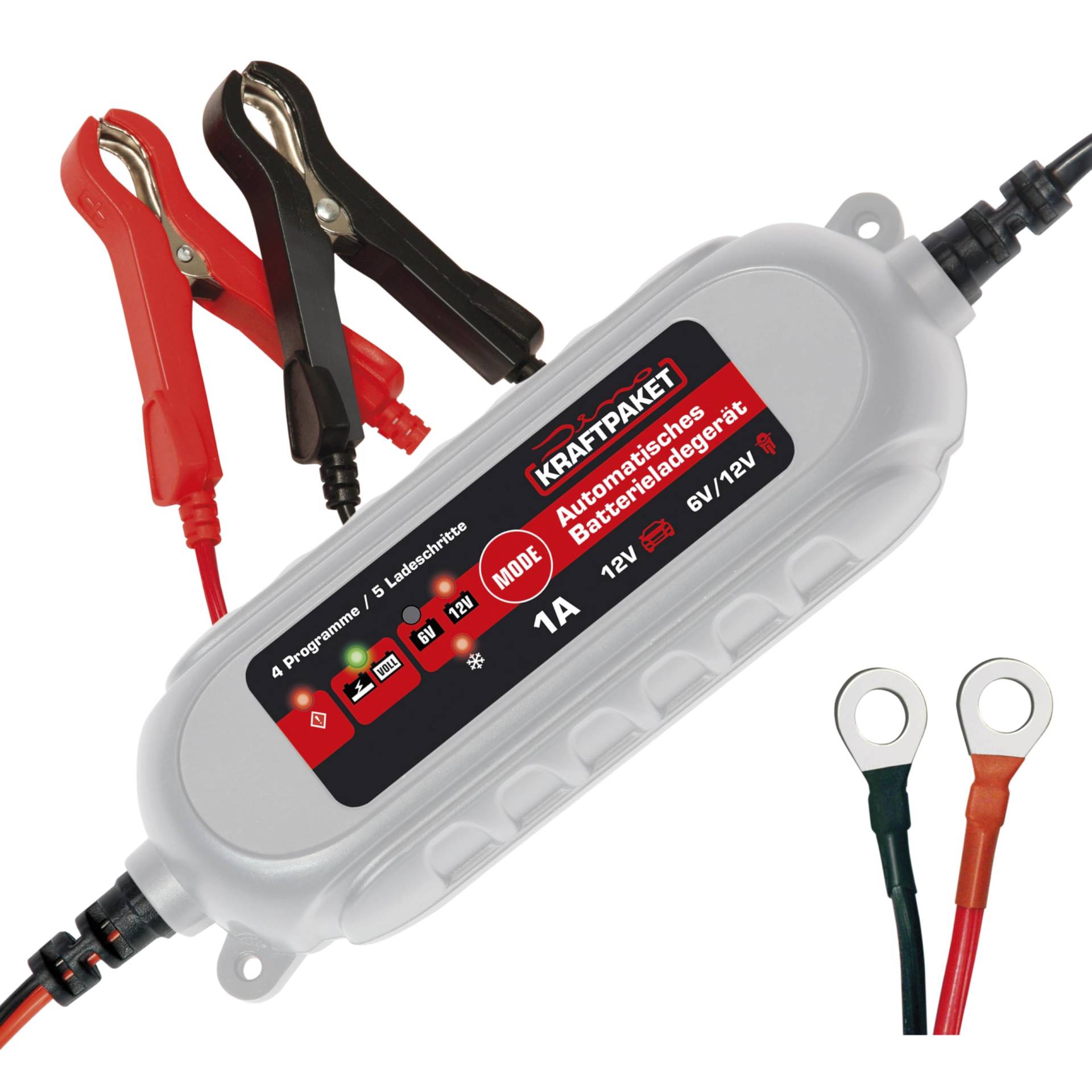 Dino KRAFTPAKET 1A-6V/12V intelligentes und automatisches Batterieladegerät | Für Blei-Säure, GEL, Start/Stopp EFB, AGM-Batterie | KFZ-Ladegerät für Motorrad, Scooter, Motorroller, PKW, Boot von Dino KRAFTPAKET