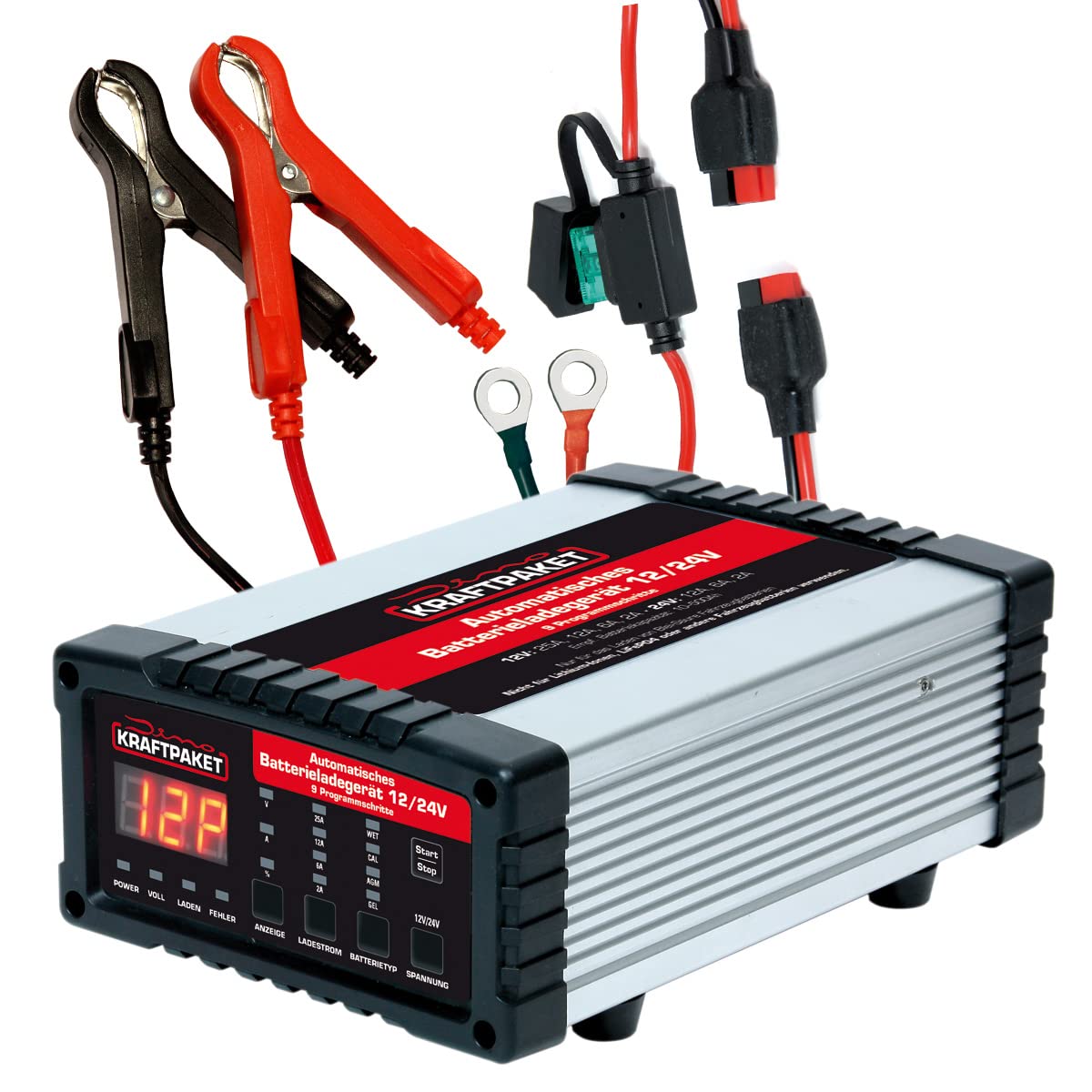 Dino KRAFTPAKET 25a/12a/6a/2a-12V/24V regelbares intelligentes und automatisches Batterieladegerät | Für Blei-Säure, GEL, EFB, CAL, AGM-Batterie | KFZ-Ladegerät für alle gängigen Batterien von Dino KRAFTPAKET