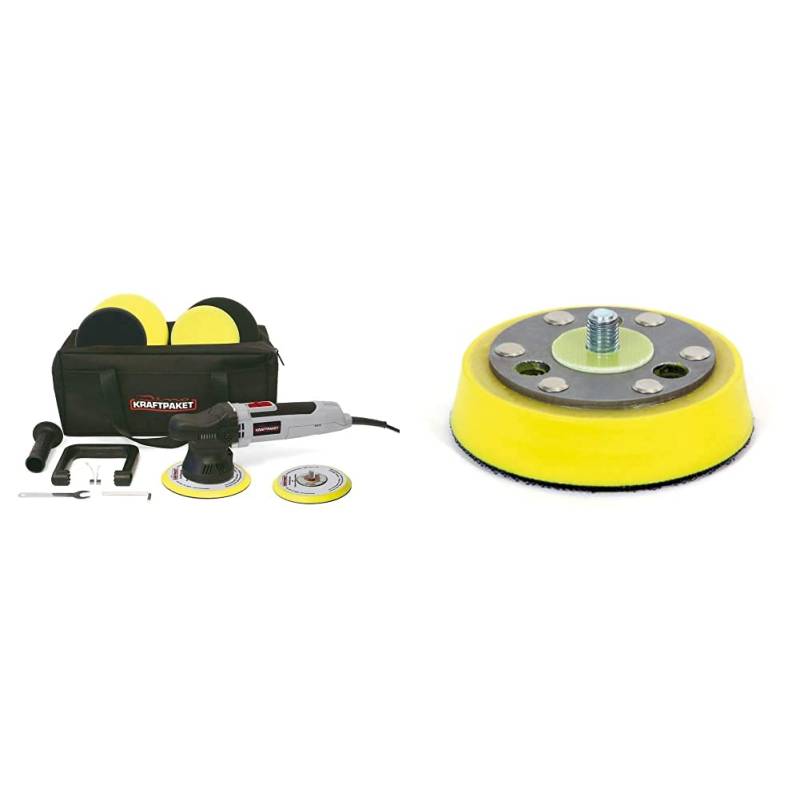 Dino KRAFTPAKET 640296 9mm-650W Exzenter Poliermaschine Stufenlos im Set 150mm Stützteller, Grau & 640345 75 mm-5/16-24 Trägerplatte (7,5 cm) für Exzenterpolierer mit Dual Action, gelb, 75mm (3 Inch) von Dino KRAFTPAKET