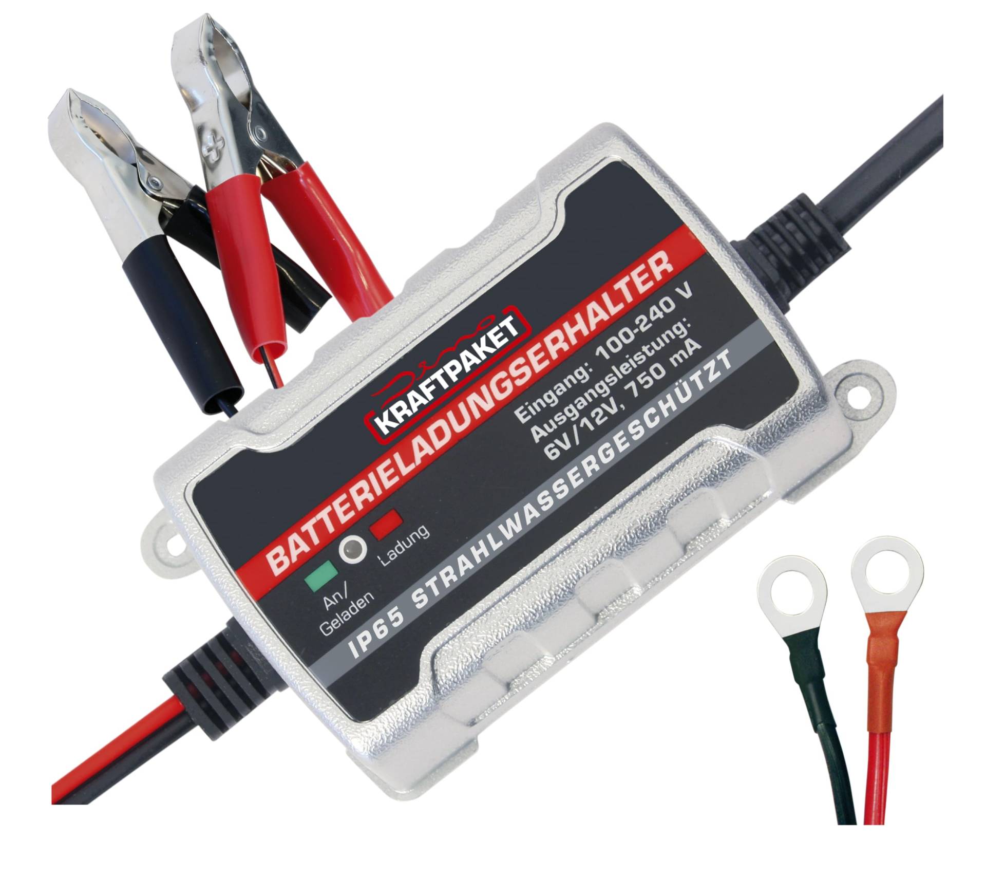 Dino KRAFTPAKET 750mAh-6V/12V Erhaltungsladegerät/Intelligentes und voll-automatisches Ladungserhaltungsgerät/Für Blei-Säure, GEL, EFB, AGM-Batterie/KFZ-Batterie-Ladegerät Auto, Motorrad, PKW, Boot von Dino KRAFTPAKET